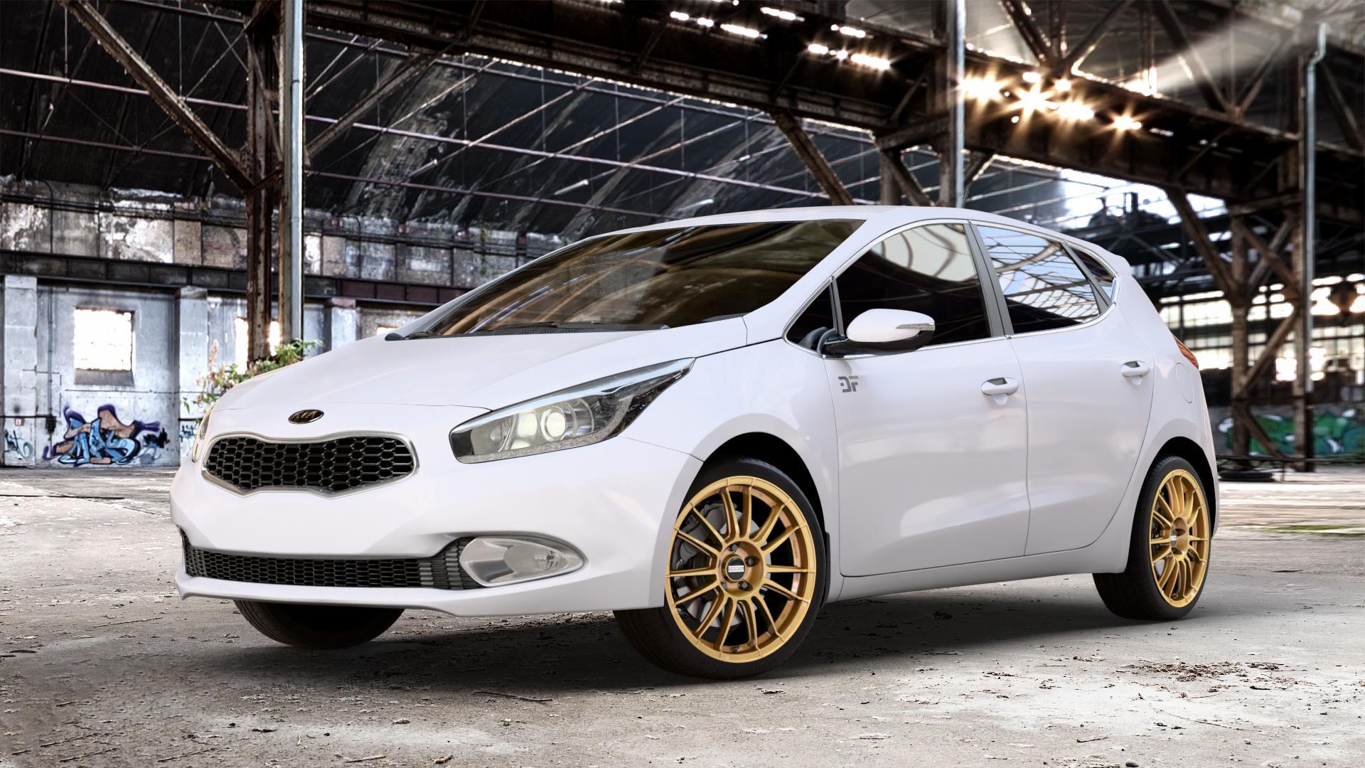 Fondmetal 9RR GLOSSY GOLD Felge mit Reifen in 18Zoll Winterfelge Alufelge auf weissem Kia Cee d Schrägheck Typ JD Kombi Facelift ⬇️ mit 15mm Tieferlegung ⬇️ Old Industrial Hall_max_4400mm_2024 Frontansicht_1