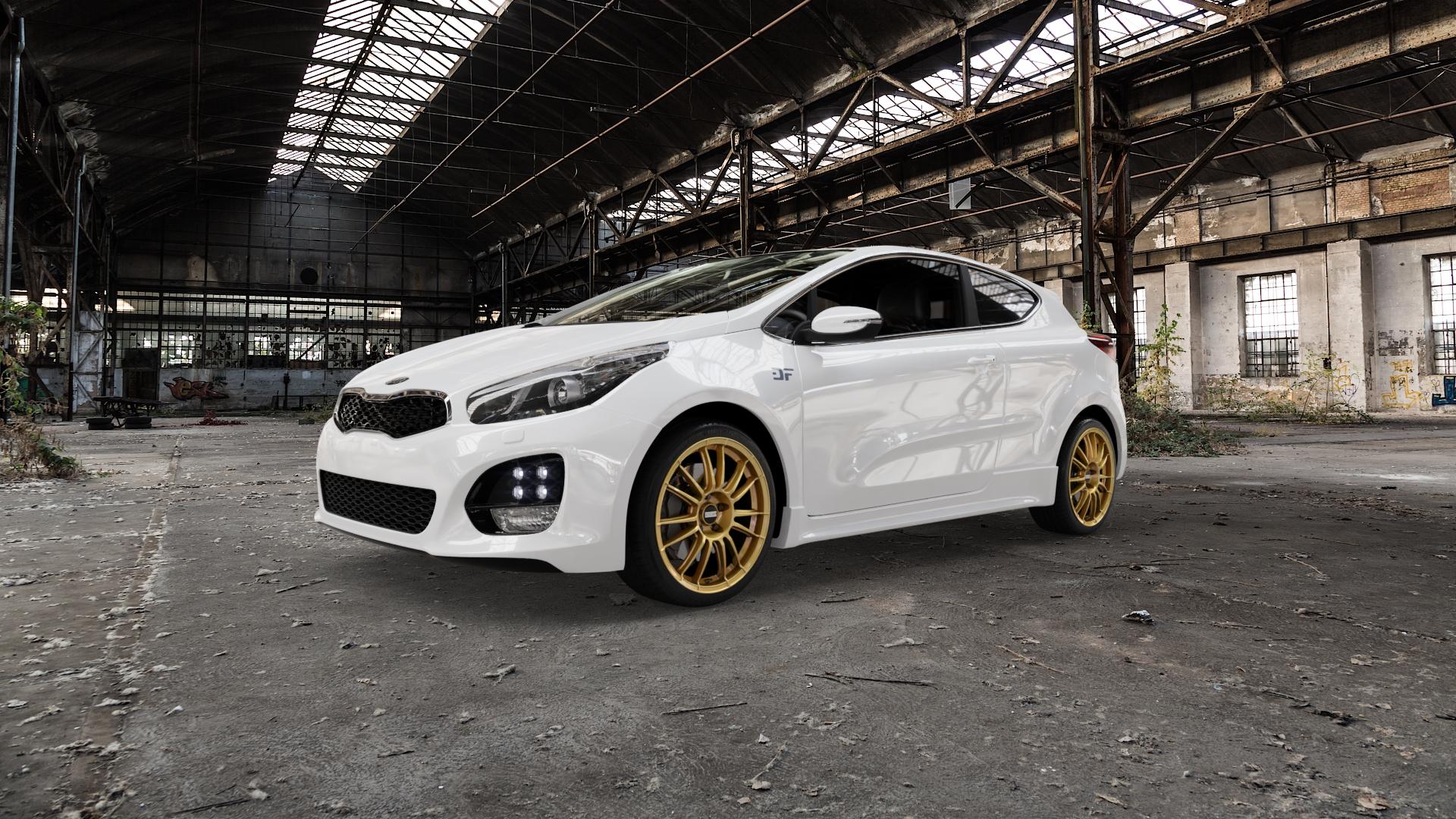 Fondmetal 9RR GLOSSY GOLD Felge mit Reifen in 18Zoll Winterfelge Alufelge auf weissem Kia Pro Cee d Typ JD Facelift ⬇️ mit 15mm Tieferlegung ⬇️ Old Industrial Hall_max5000mm_2022 Frontansicht_1