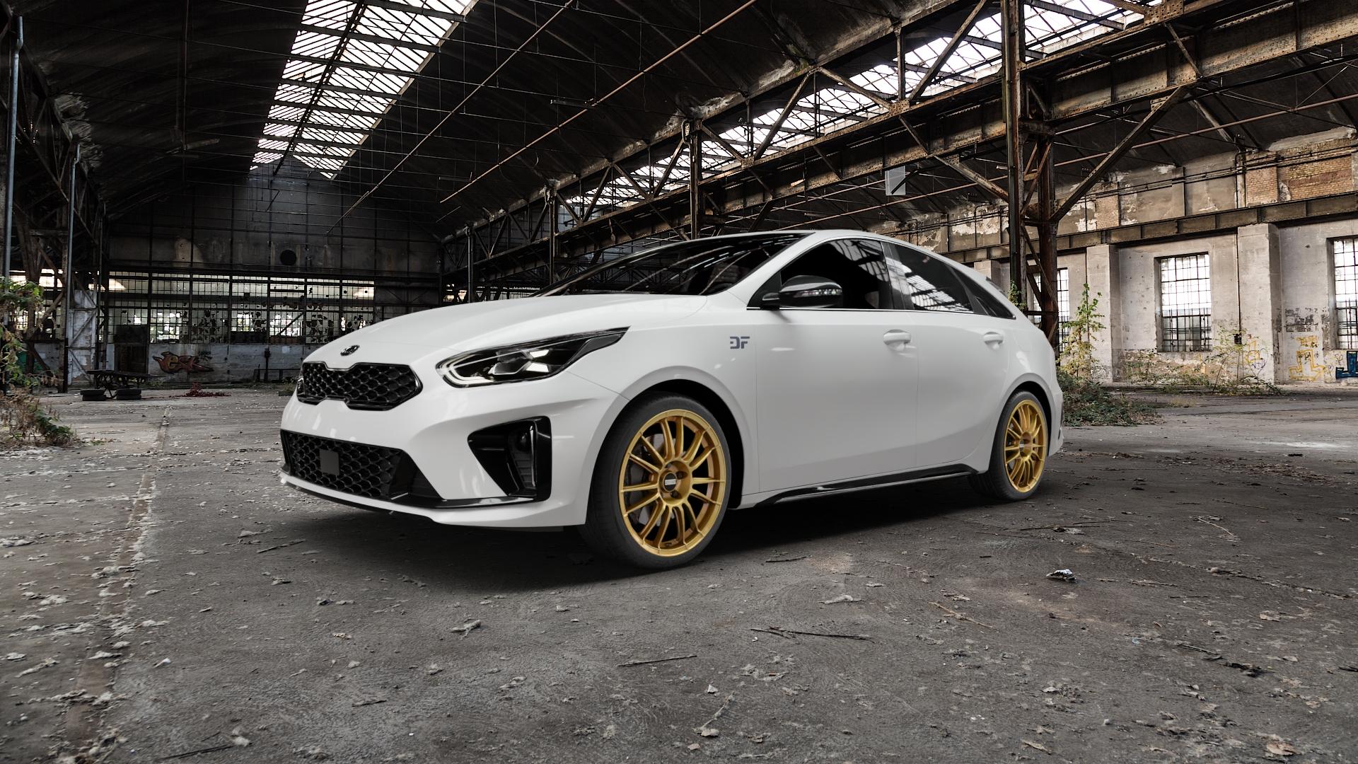 Fondmetal 9RR GLOSSY GOLD Felge mit Reifen in 18Zoll Winterfelge Alufelge auf weissem Kia ProCeed Typ CD ⬇️ mit 15mm Tieferlegung ⬇️ Old Industrial Hall_max5000mm_2022 Frontansicht_1