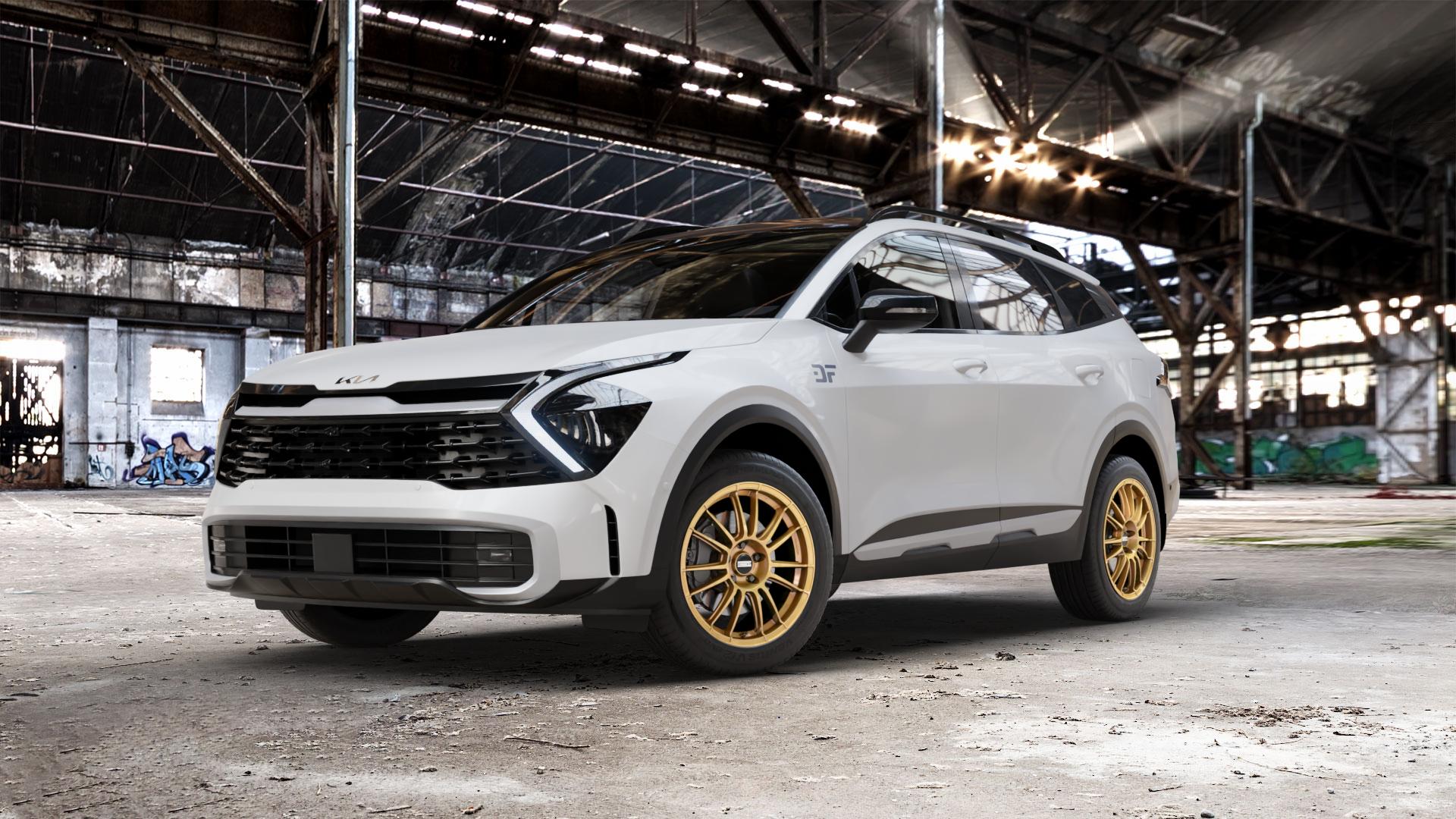 Fondmetal 9RR GLOSSY GOLD Felge mit Reifen in 18Zoll Winterfelge Alufelge auf weissem Kia Sportage V Typ NQ5e ⬇️ mit 15mm Tieferlegung ⬇️ Old Industrial Hall_max_5300mm_2024 Frontansicht_1