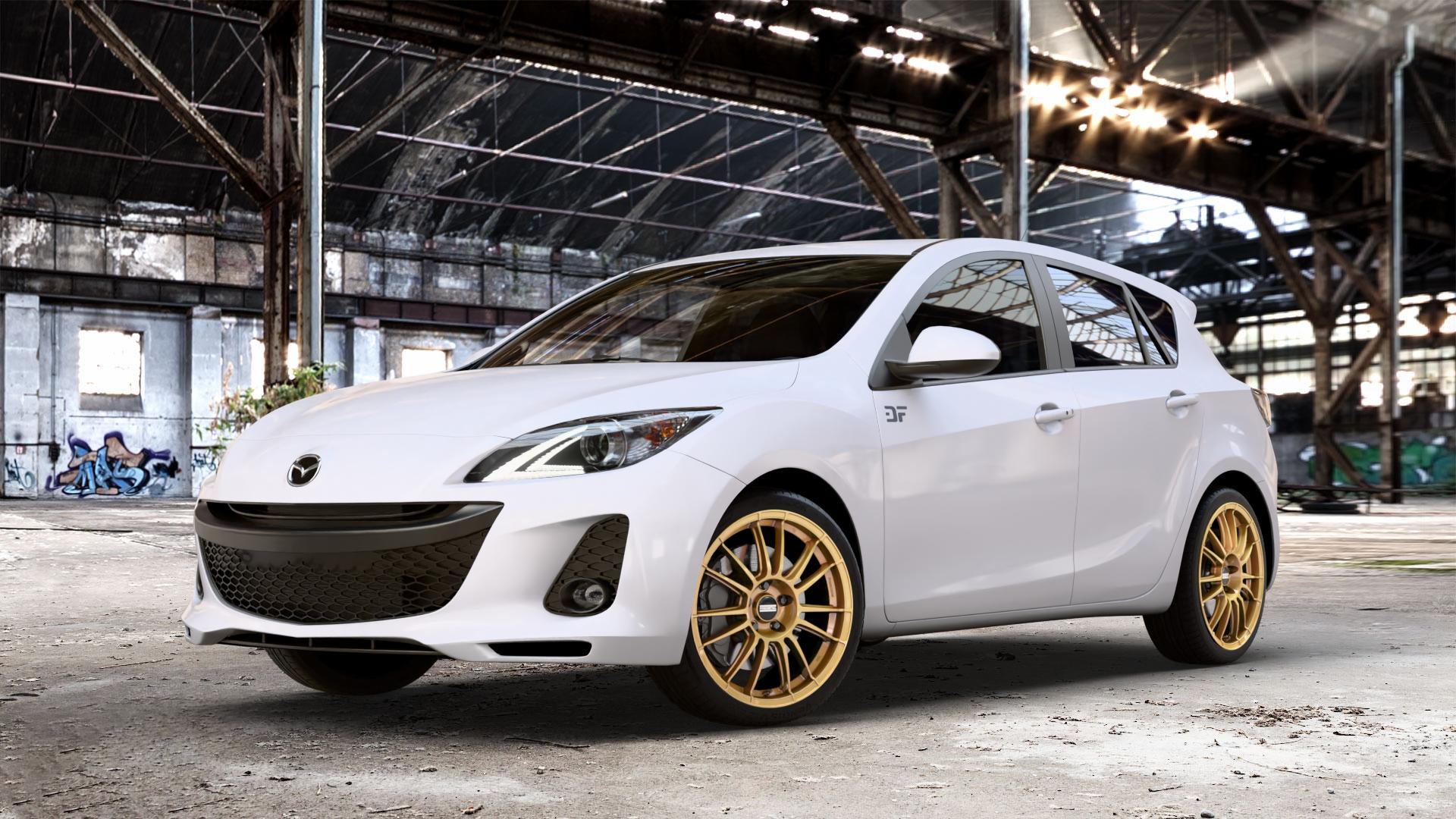 Fondmetal 9RR GLOSSY GOLD Felge mit Reifen in 18Zoll Winterfelge Alufelge auf weissem Mazda 3 (09-) Sport (BL) 1,6l MZR 77kW (105 PS) 2,0l 110kW (150 2,3l MPS 191kW (260 MZR-CD 80kW (109 2,2l 136kW (185 85kW (116 MZR-DISI 111kW (151 ⬇️ mit 15mm Tieferlegung ⬇️ Old Industrial Hall_max_4400mm_2024 Frontansicht_1