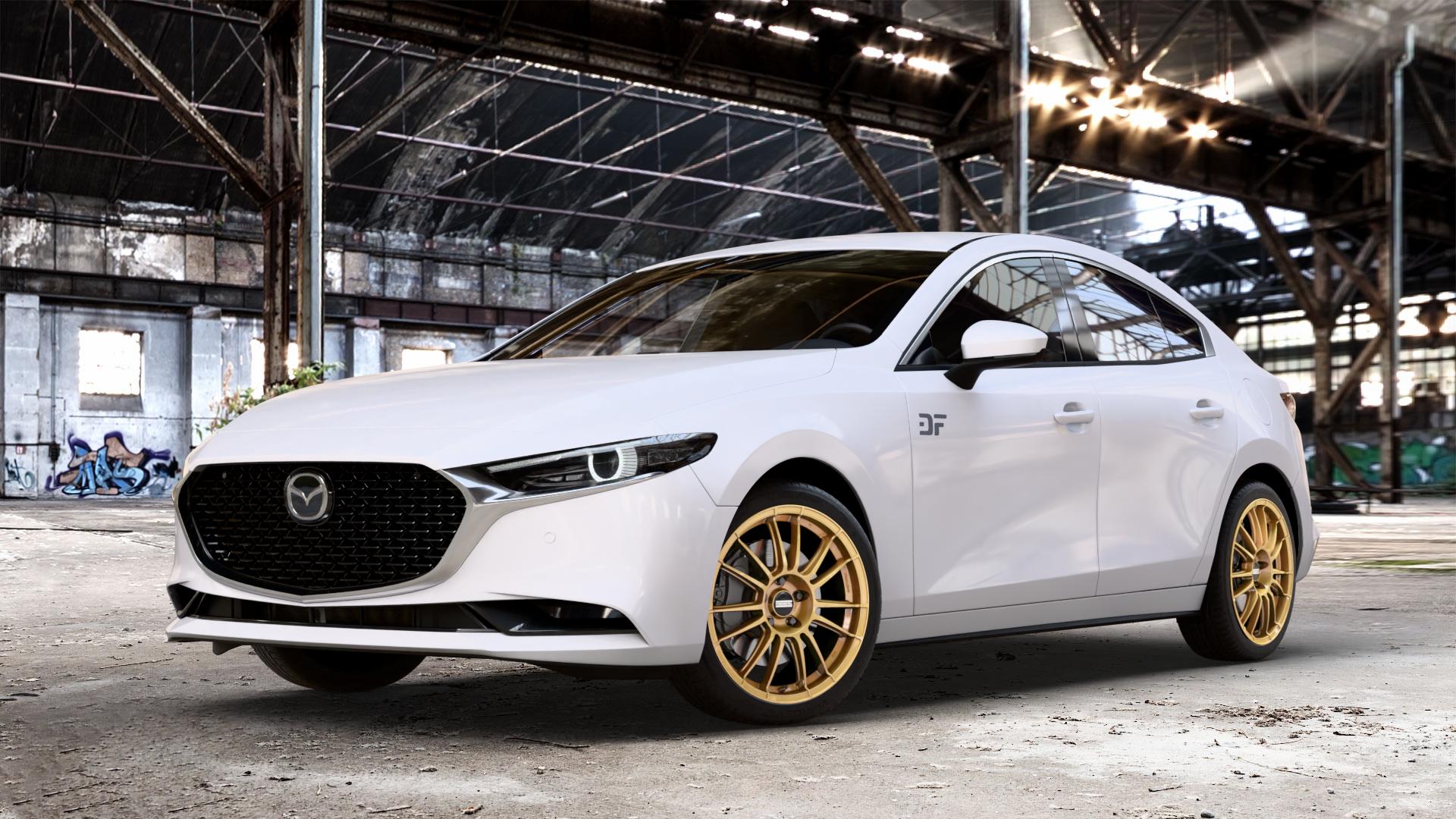Fondmetal 9RR GLOSSY GOLD Felge mit Reifen in 18Zoll Winterfelge Alufelge auf weissem Mazda 3 (19-) Limousine (BPE) (BP) ⬇️ mit 15mm Tieferlegung ⬇️ Old Industrial Hall_max_4400mm_2024 Frontansicht_1