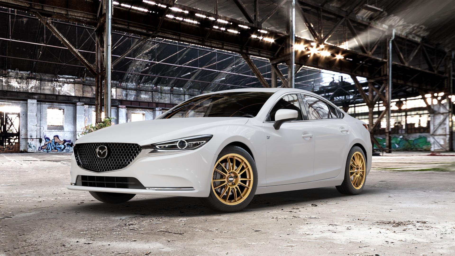 Fondmetal 9RR GLOSSY GOLD Felge mit Reifen in 18Zoll Winterfelge Alufelge auf weissem Mazda 6 III (18-) Limousine (GH) Facelift ⬇️ mit 15mm Tieferlegung ⬇️ Old Industrial Hall_max_5300mm_2024 Frontansicht_1