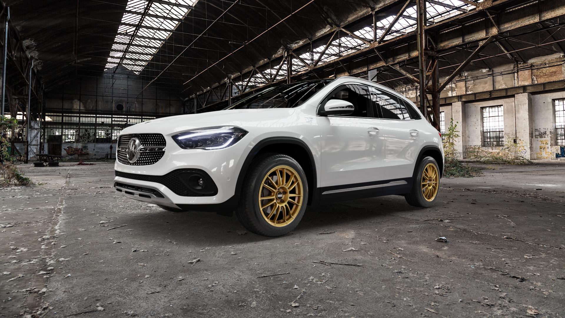 Fondmetal 9RR GLOSSY GOLD Felge mit Reifen in 18Zoll Winterfelge Alufelge auf weissem Mercedes GLA-Klasse Typ F2B ⬇️ mit 15mm Tieferlegung ⬇️ Old Industrial Hall_max5000mm_2022 Frontansicht_1