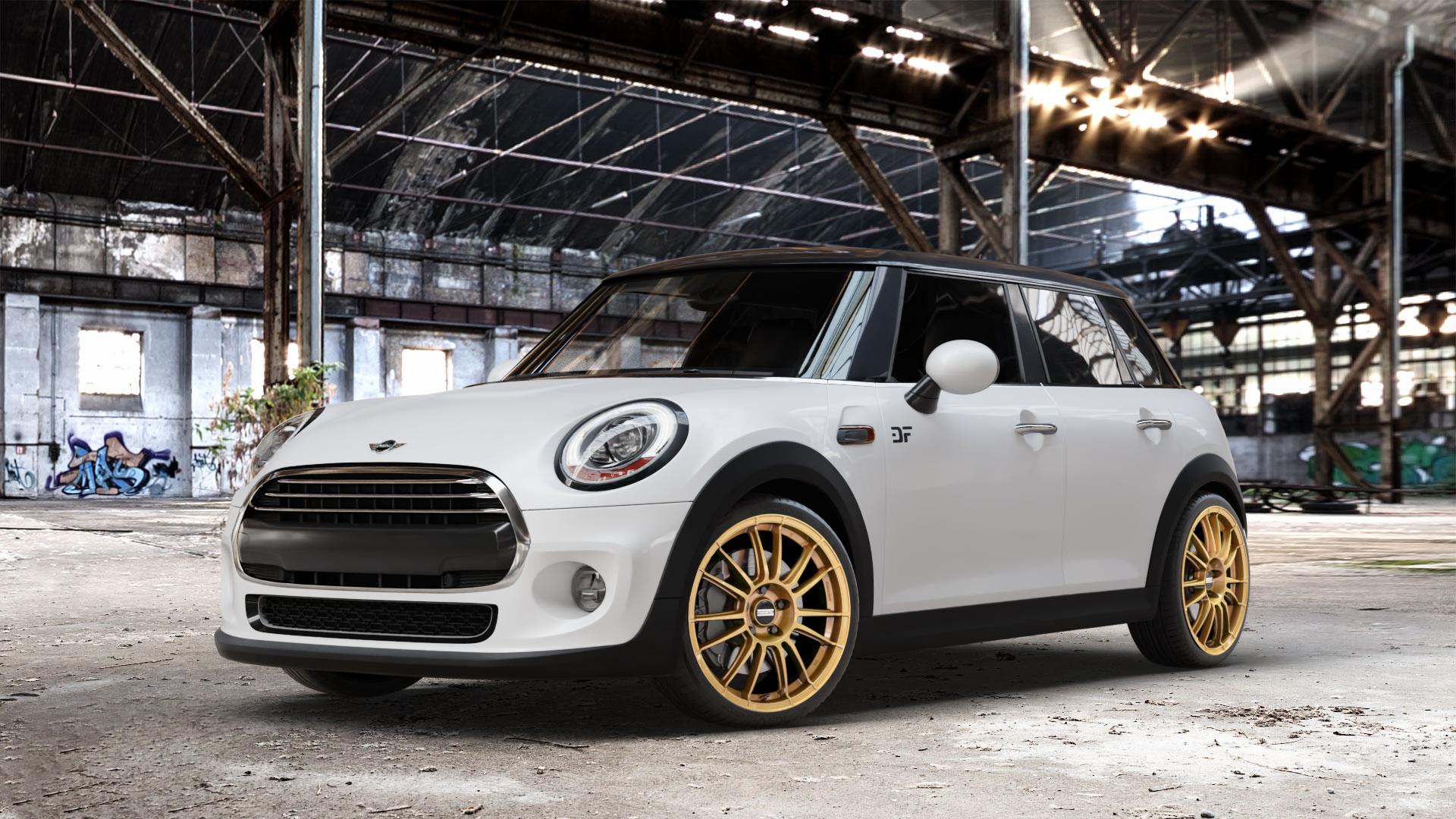 Fondmetal 9RR GLOSSY GOLD Felge mit Reifen in 18Zoll Winterfelge Alufelge auf weissem Mini F55 Typ UKL-L (5-Türer Limousine) FML4 ⬇️ mit 15mm Tieferlegung ⬇️ Old Industrial Hall_max_4400mm_2024 Frontansicht_1