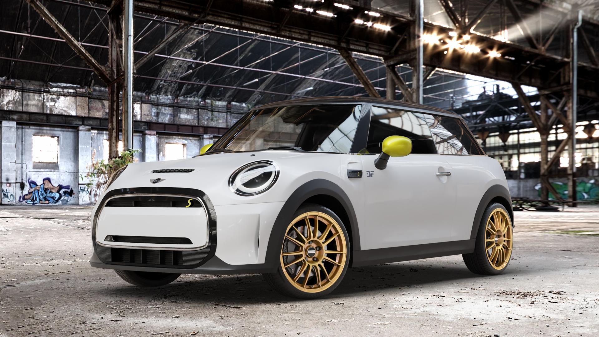 Fondmetal 9RR GLOSSY GOLD Felge mit Reifen in 18Zoll Winterfelge Alufelge auf weissem Mini F56 Typ FML2E (3-Türer Limousine) Facelift 21-> Limousine ⬇️ mit 15mm Tieferlegung ⬇️ Old Industrial Hall_max_4400mm_2024 Frontansicht_1