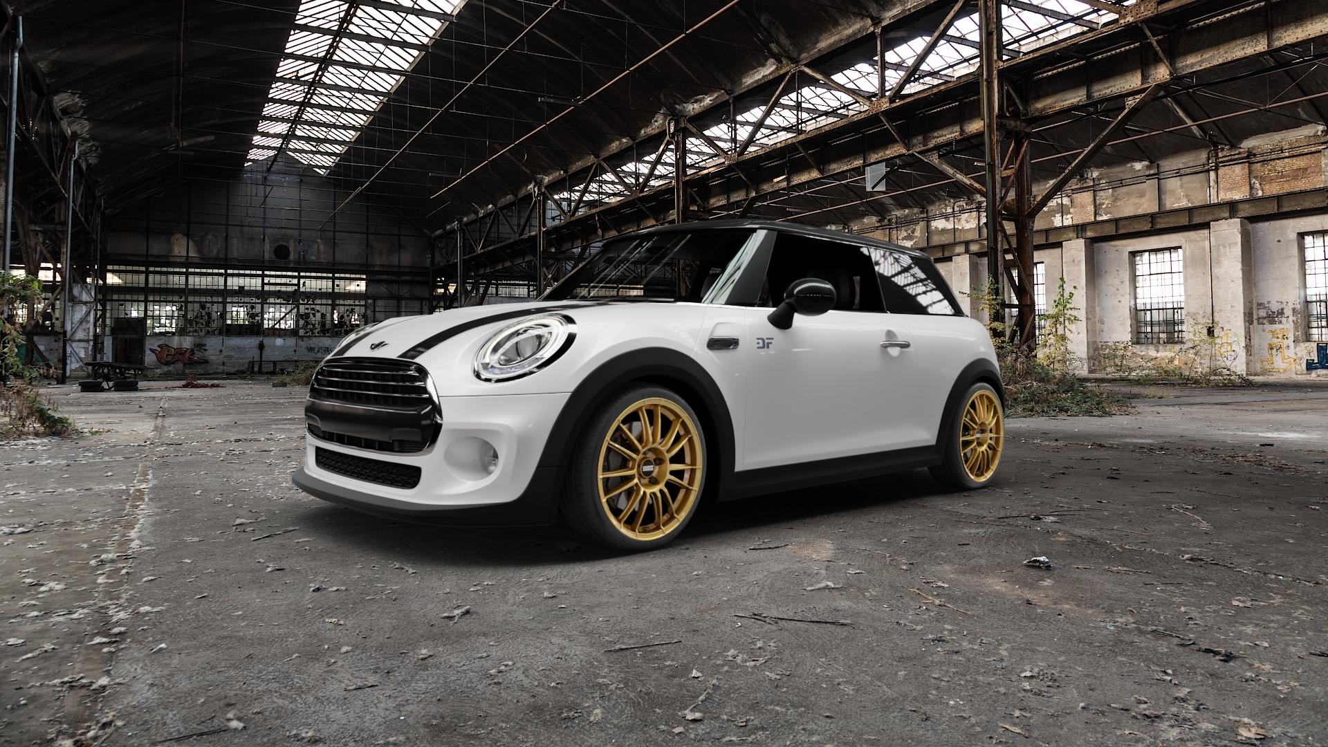 Fondmetal 9RR GLOSSY GOLD Felge mit Reifen in 18Zoll Winterfelge Alufelge auf weissem Mini F56 Typ UKL-L (3-Türer Limousine) ⬇️ mit 15mm Tieferlegung ⬇️ Old Industrial Hall_max5000mm_2022 Frontansicht_1