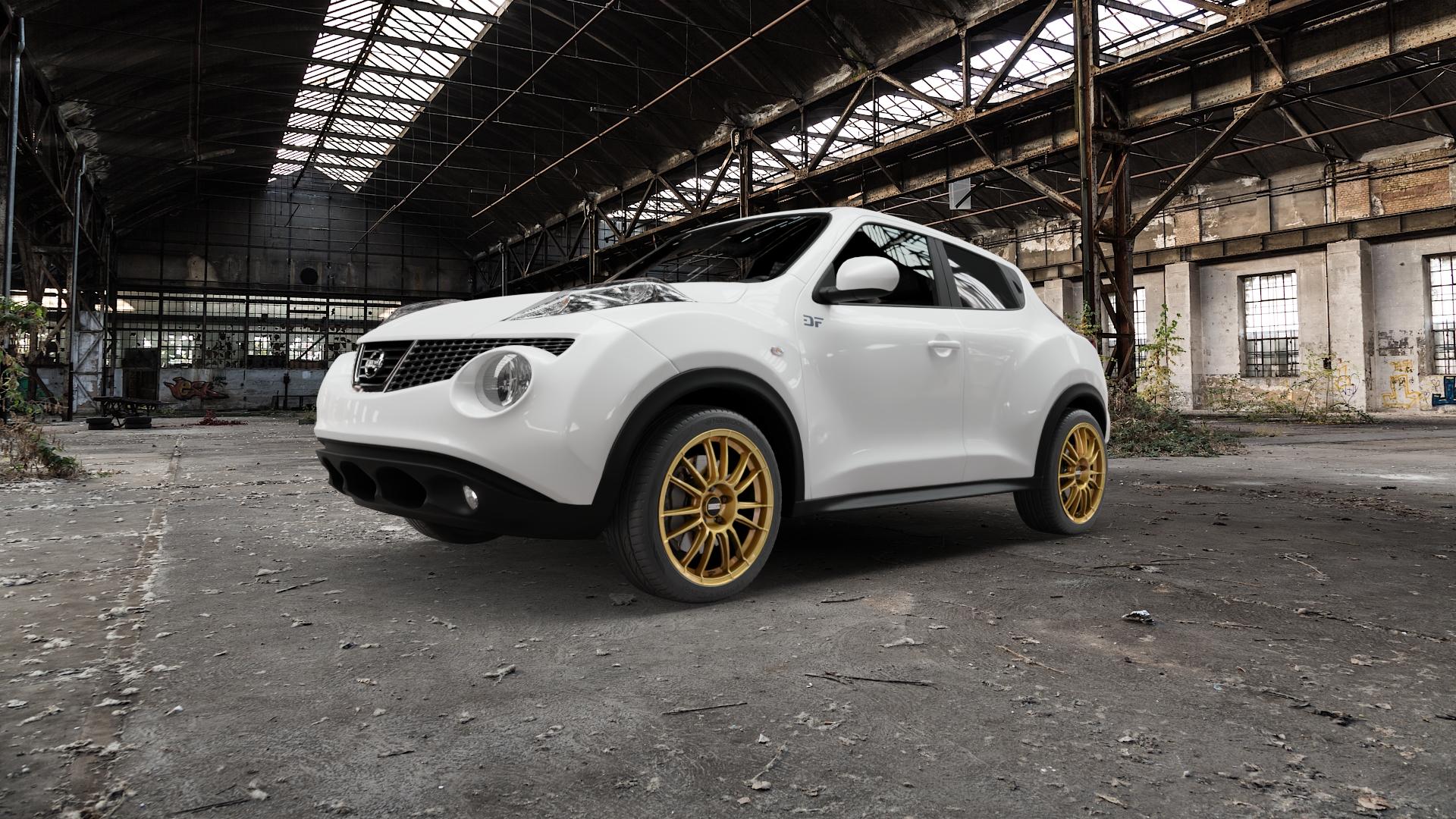 Fondmetal 9RR GLOSSY GOLD Felge mit Reifen in 18Zoll Winterfelge Alufelge auf weissem Nissan Juke Typ F15 1,6l DIG-T 140kW (190 PS) 4WD 1,5l dCi 81kW (110 69kW (94 147kW Nismo (200 ⬇️ mit 15mm Tieferlegung ⬇️ Old Industrial Hall_max5000mm_2022 Frontansicht_1