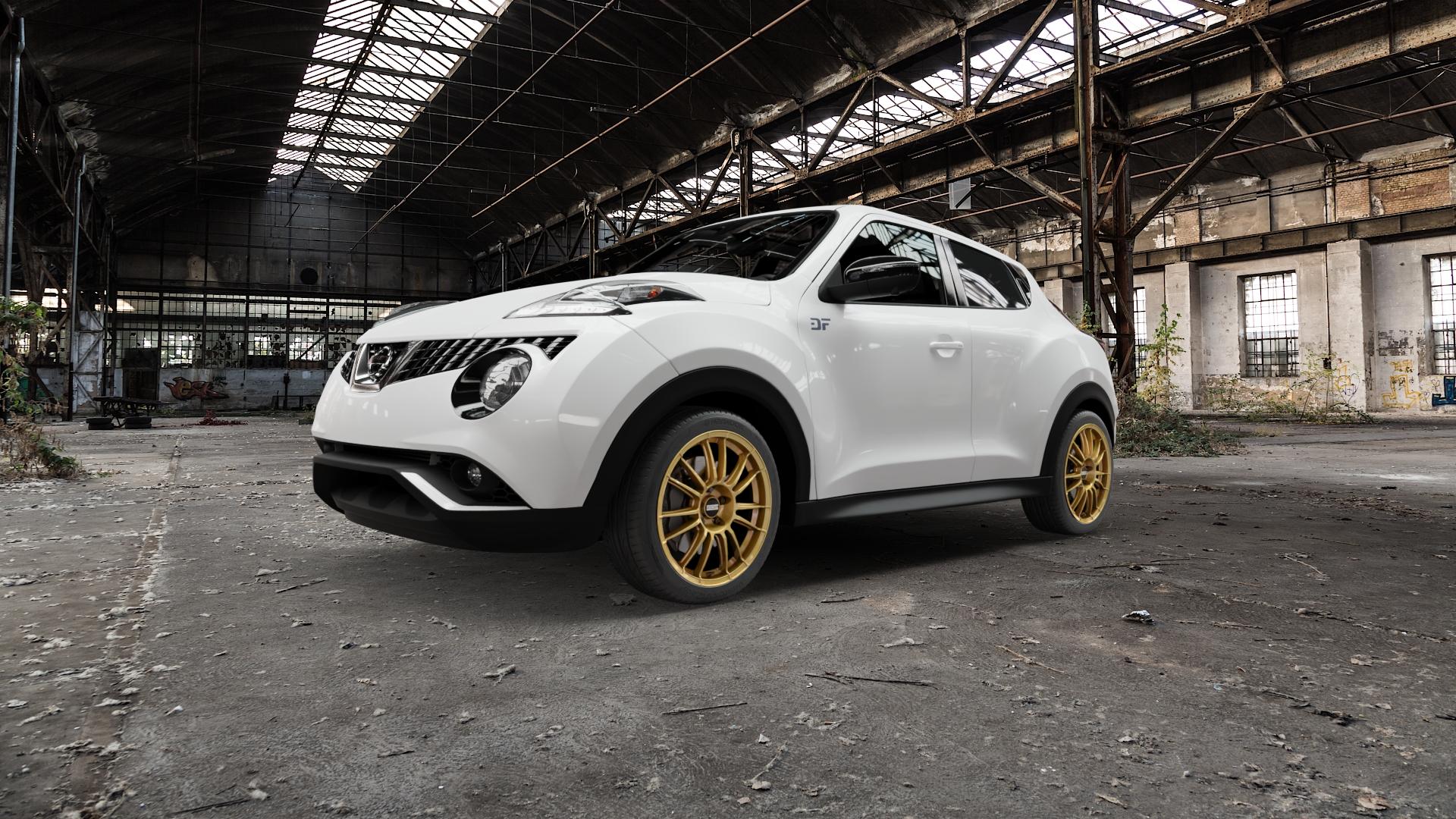 Fondmetal 9RR GLOSSY GOLD Felge mit Reifen in 18Zoll Winterfelge Alufelge auf weissem Nissan Juke Typ F15 Facelift ⬇️ mit 15mm Tieferlegung ⬇️ Old Industrial Hall_max5000mm_2022 Frontansicht_1