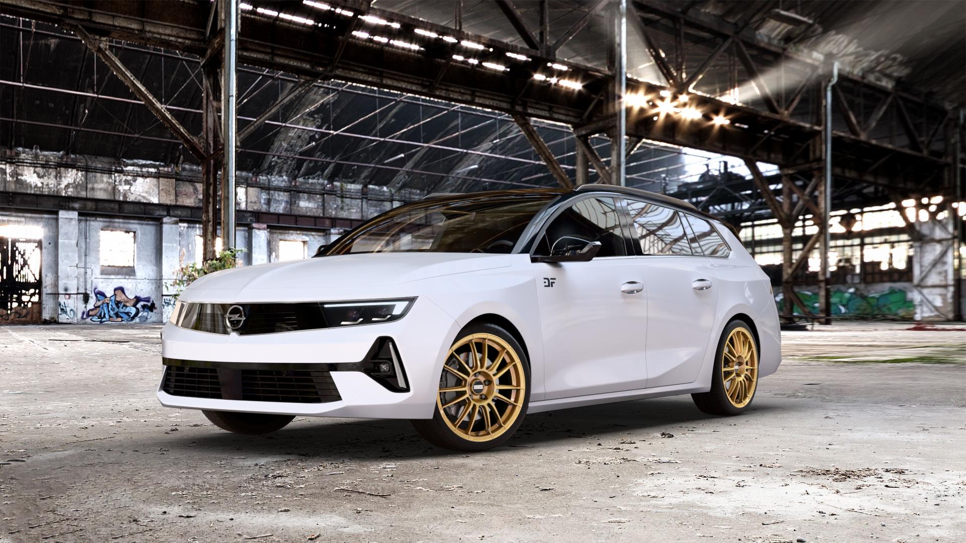 Fondmetal 9RR GLOSSY GOLD Felge mit Reifen in 18Zoll Winterfelge Alufelge auf weissem Opel Astra L Sports Tourer Typ F Facelift ⬇️ mit 15mm Tieferlegung ⬇️ Old Industrial Hall_max_5300mm_2024 Frontansicht_1