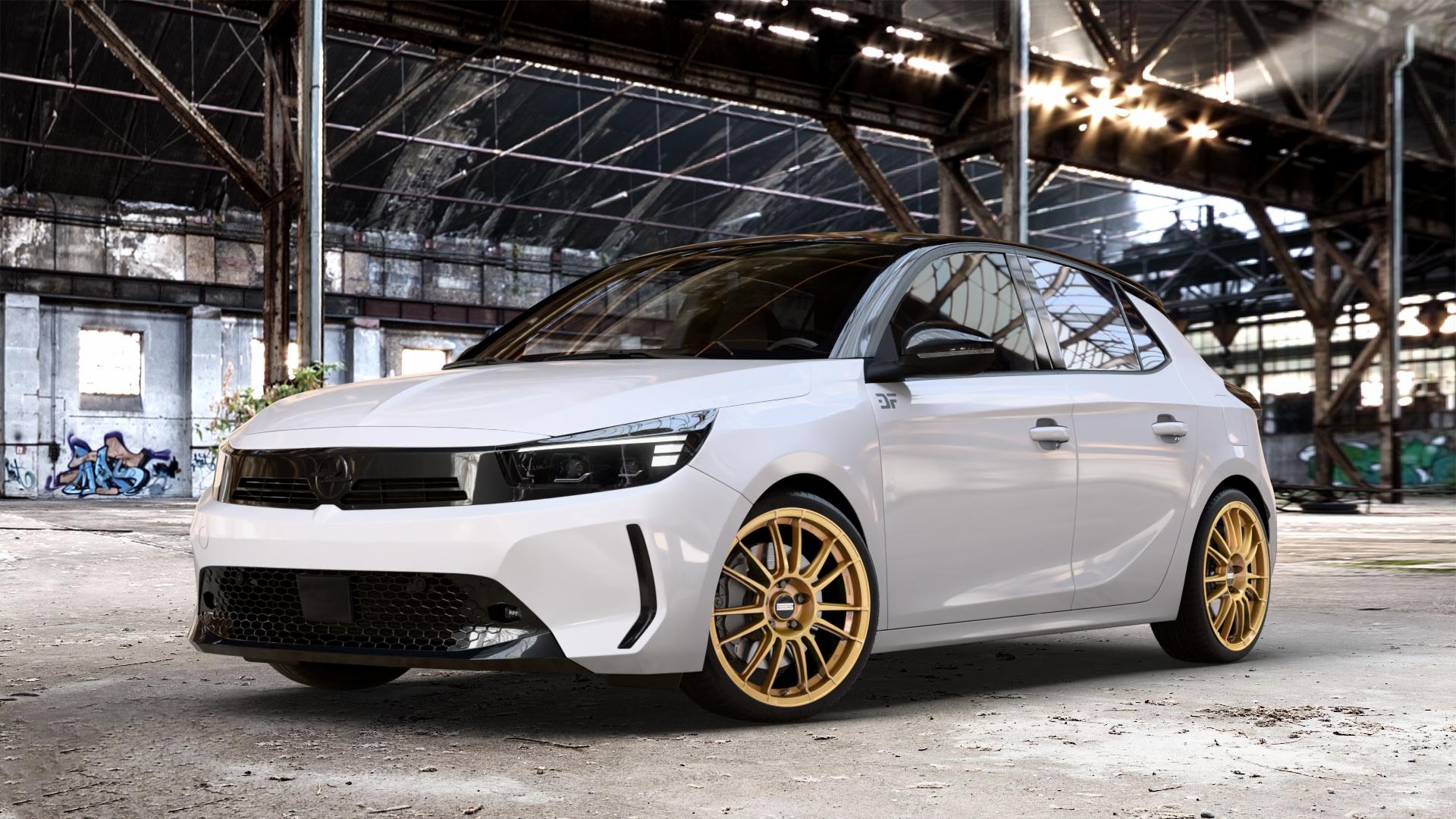Fondmetal 9RR GLOSSY GOLD Felge mit Reifen in 18Zoll Winterfelge Alufelge auf weissem Opel Corsa F Typ U Facelift 0,0l 57kW Corsa-e (77 PS) 62kW (84 1,2l Turbo 74kW Mild-Hybrid (101 100kW (136 ⬇️ mit 15mm Tieferlegung ⬇️ Old Industrial Hall_max_4400mm_2024 Frontansicht_1
