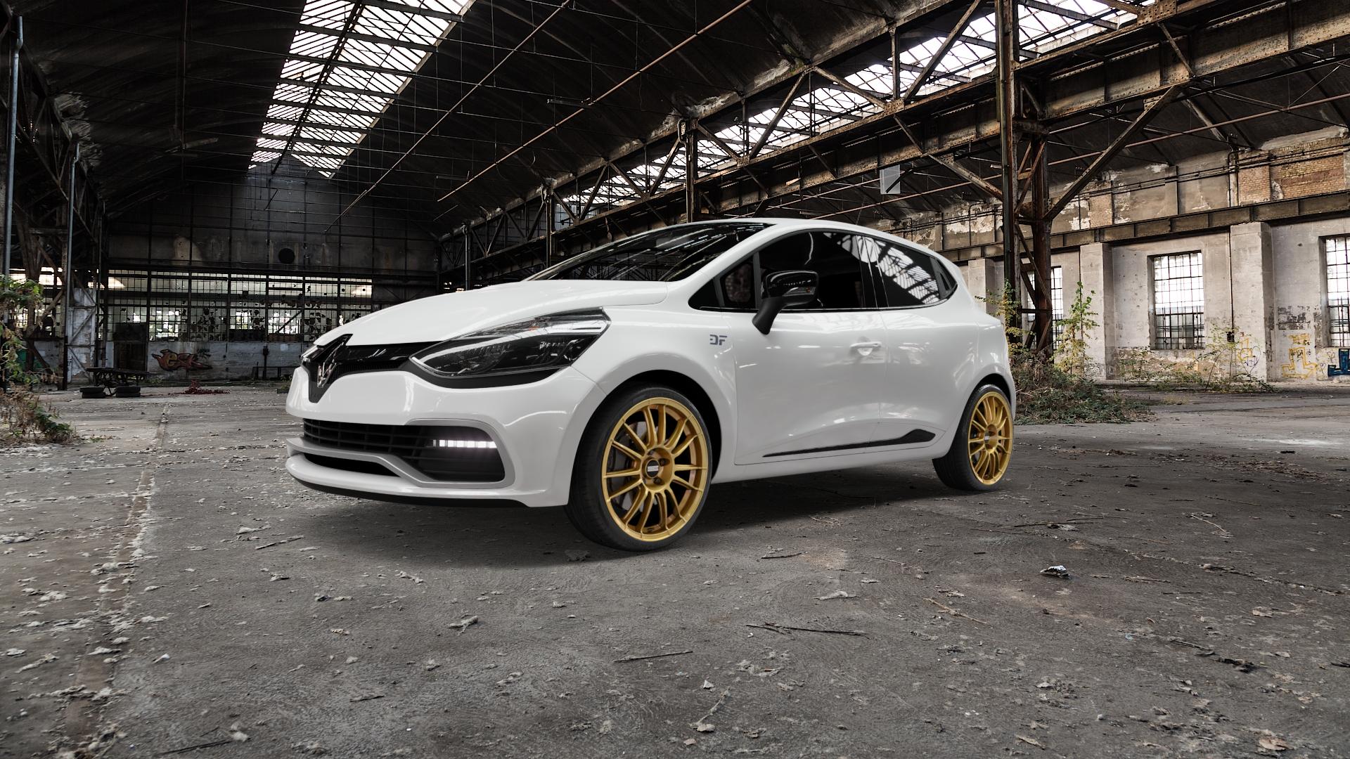 Fondmetal 9RR GLOSSY GOLD Felge mit Reifen in 18Zoll Winterfelge Alufelge auf weissem Renault Clio IV Sport Typ R ⬇️ mit 15mm Tieferlegung ⬇️ Old Industrial Hall_max5000mm_2022 Frontansicht_1
