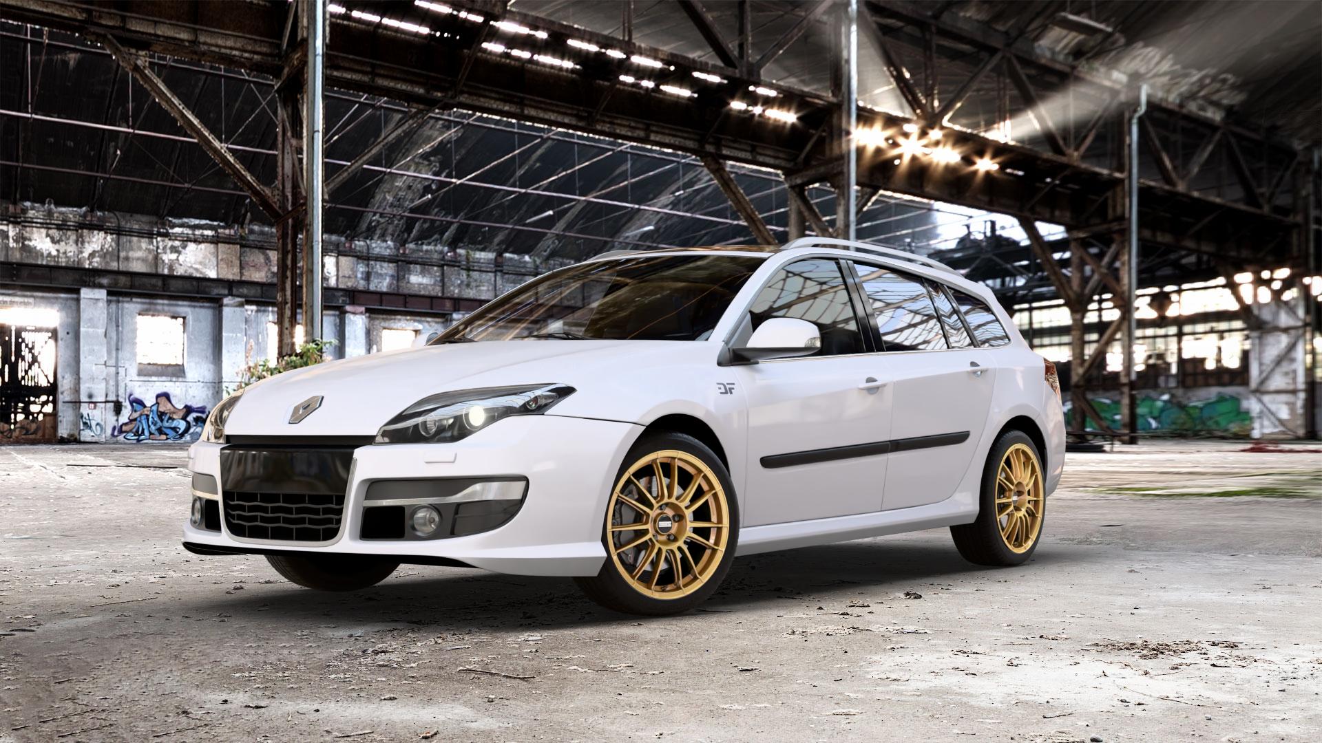 Fondmetal 9RR GLOSSY GOLD Felge mit Reifen in 18Zoll Winterfelge Alufelge auf weissem Renault Laguna III Grandtour Typ T ⬇️ mit 15mm Tieferlegung ⬇️ Old Industrial Hall_max_5300mm_2024 Frontansicht_1