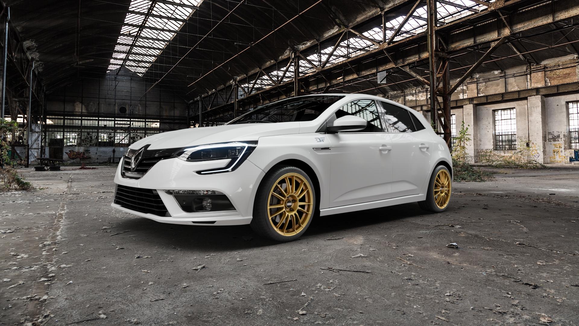 Fondmetal 9RR GLOSSY GOLD Felge mit Reifen in 18Zoll Winterfelge Alufelge auf weissem Renault Megane IV Typ RFB Facelift ⬇️ mit 15mm Tieferlegung ⬇️ Old Industrial Hall_max5000mm_2022 Frontansicht_1