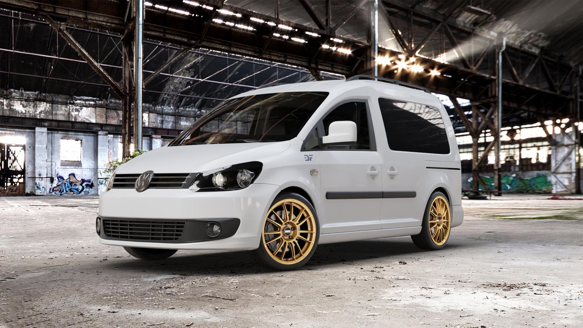 Fondmetal 9RR GLOSSY GOLD Felge mit Reifen in 18Zoll Winterfelge Alufelge auf weissem Volkswagen (VW) Caddy 3 ⬇️ mit 15mm Tieferlegung ⬇️ Old Industrial Hall_max_5300mm_2024 Frontansicht_1