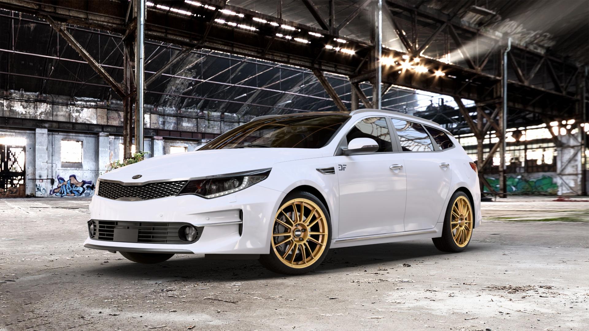 Fondmetal 9RR GLOSSY GOLD Felge mit Reifen in 19Zoll Winterfelge Alufelge auf weissem Kia Optima SW Typ JF ⬇️ mit 15mm Tieferlegung ⬇️ Old Industrial Hall_max_5300mm_2024 Frontansicht_1