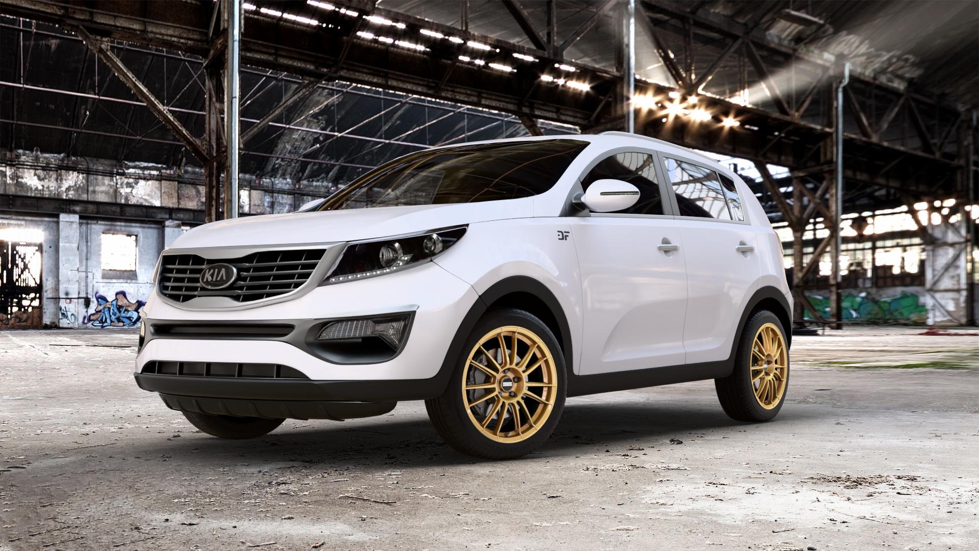 Fondmetal 9RR GLOSSY GOLD Felge mit Reifen in 19Zoll Winterfelge Alufelge auf weissem Kia Sportage III Typ SL SLS Facelift ⬇️ mit 15mm Tieferlegung ⬇️ Old Industrial Hall_max_5300mm_2024 Frontansicht_1