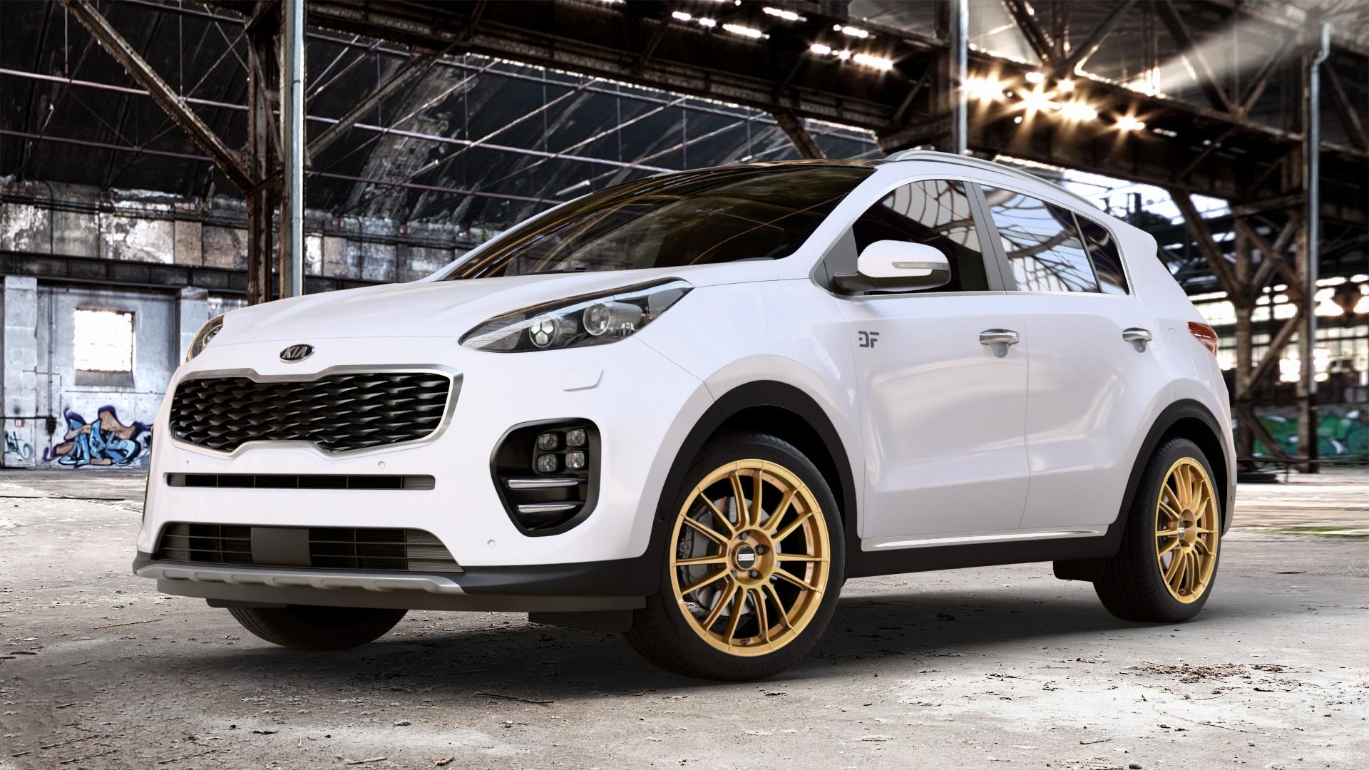 Fondmetal 9RR GLOSSY GOLD Felge mit Reifen in 19Zoll Winterfelge Alufelge auf weissem Kia Sportage IV Typ QL QLE ⬇️ mit 15mm Tieferlegung ⬇️ Old Industrial Hall_max_4400mm_2024 Frontansicht_1