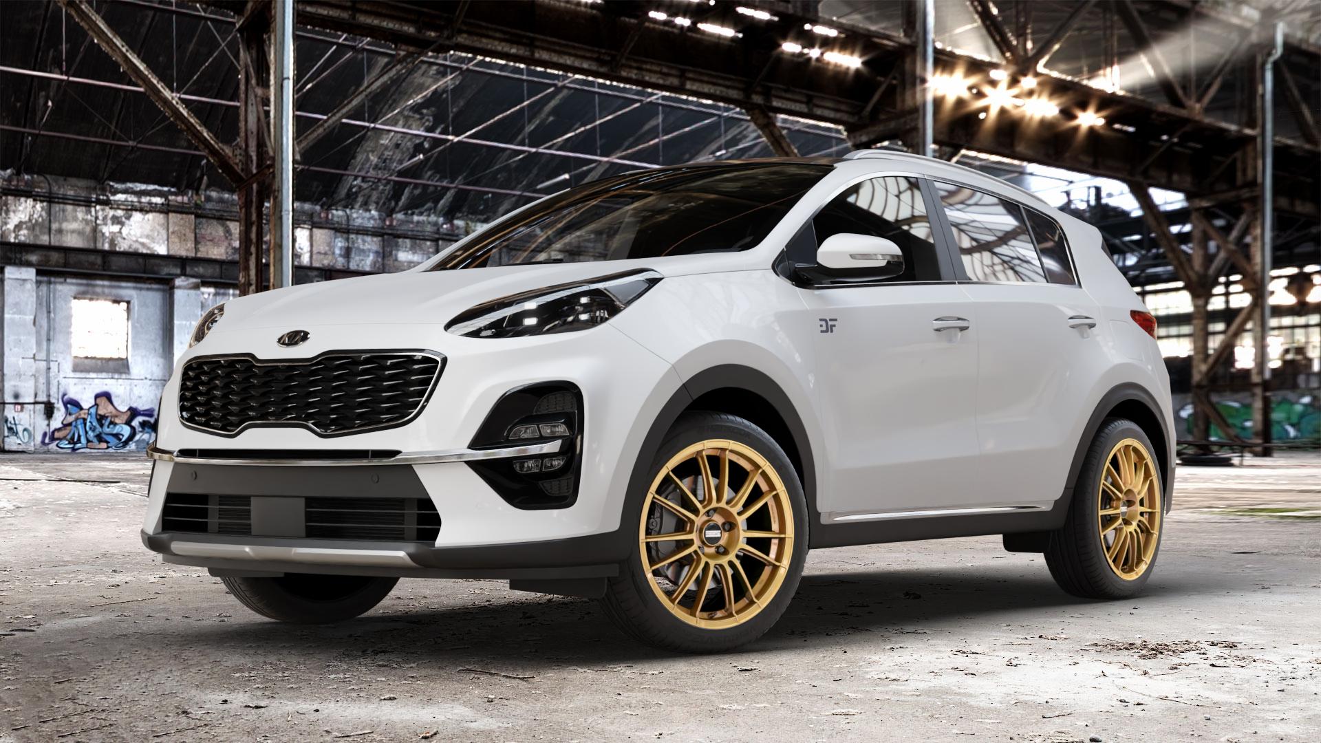 Fondmetal 9RR GLOSSY GOLD Felge mit Reifen in 19Zoll Winterfelge Alufelge auf weissem Kia Sportage IV Typ QLE Facelift QL ⬇️ mit 15mm Tieferlegung ⬇️ Old Industrial Hall_max_4400mm_2024 Frontansicht_1