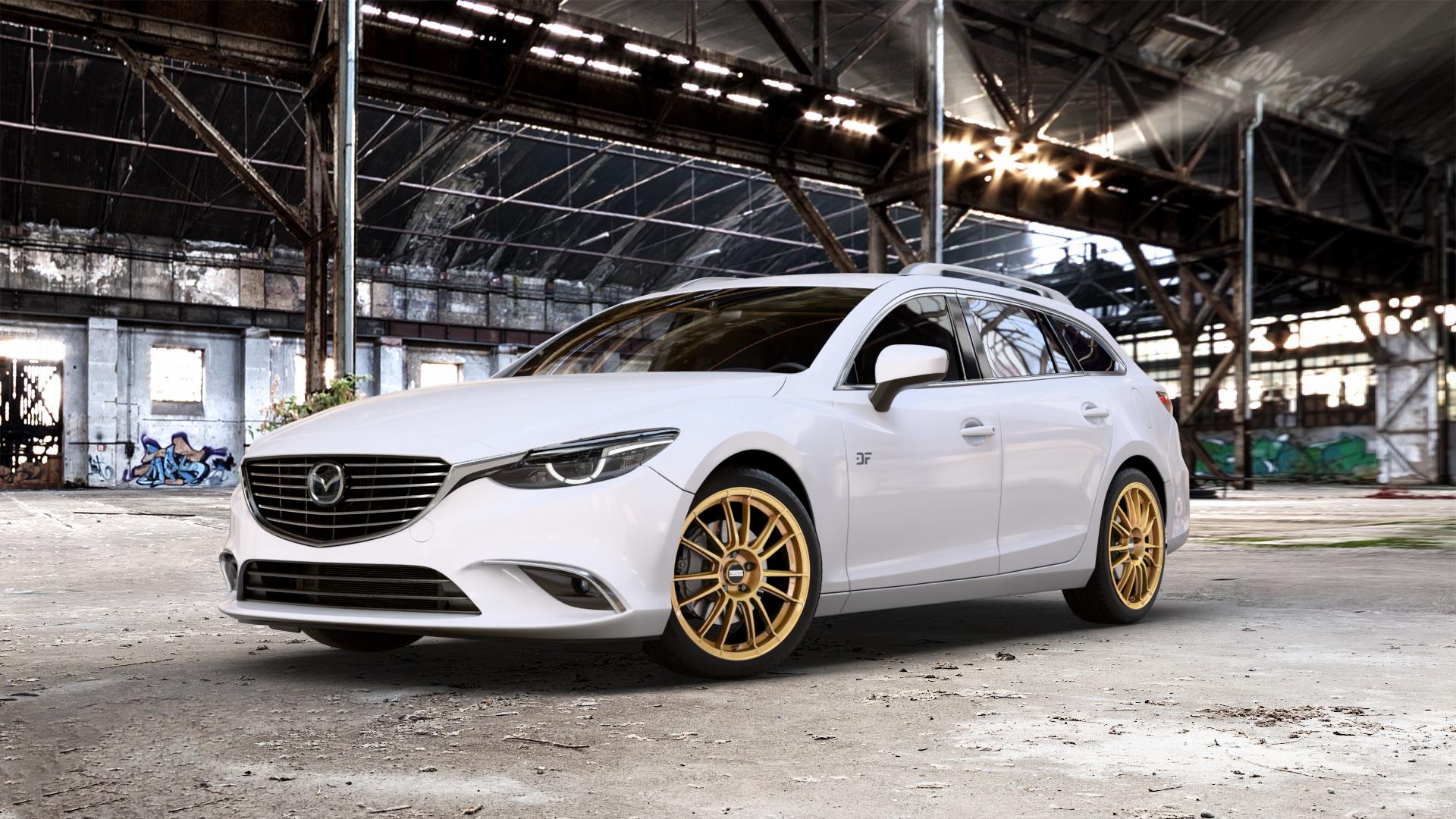 Fondmetal 9RR GLOSSY GOLD Felge mit Reifen in 19Zoll Winterfelge Alufelge auf weissem Mazda 6 III (12-15) Sport Kombi (GJ/GH) (15-18) (GH) Facelift (18-) (GJ) ⬇️ mit 15mm Tieferlegung ⬇️ Old Industrial Hall_max_5300mm_2024 Frontansicht_1