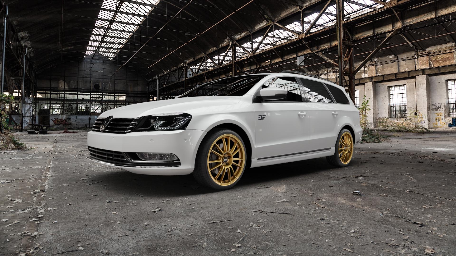 Fondmetal 9RR GLOSSY GOLD Felge mit Reifen in 19Zoll Winterfelge Alufelge auf weissem Volkswagen (VW) Passat 3C/B7 Variant ⬇️ mit 15mm Tieferlegung ⬇️ Old Industrial Hall_max5000mm_2022 Frontansicht_1