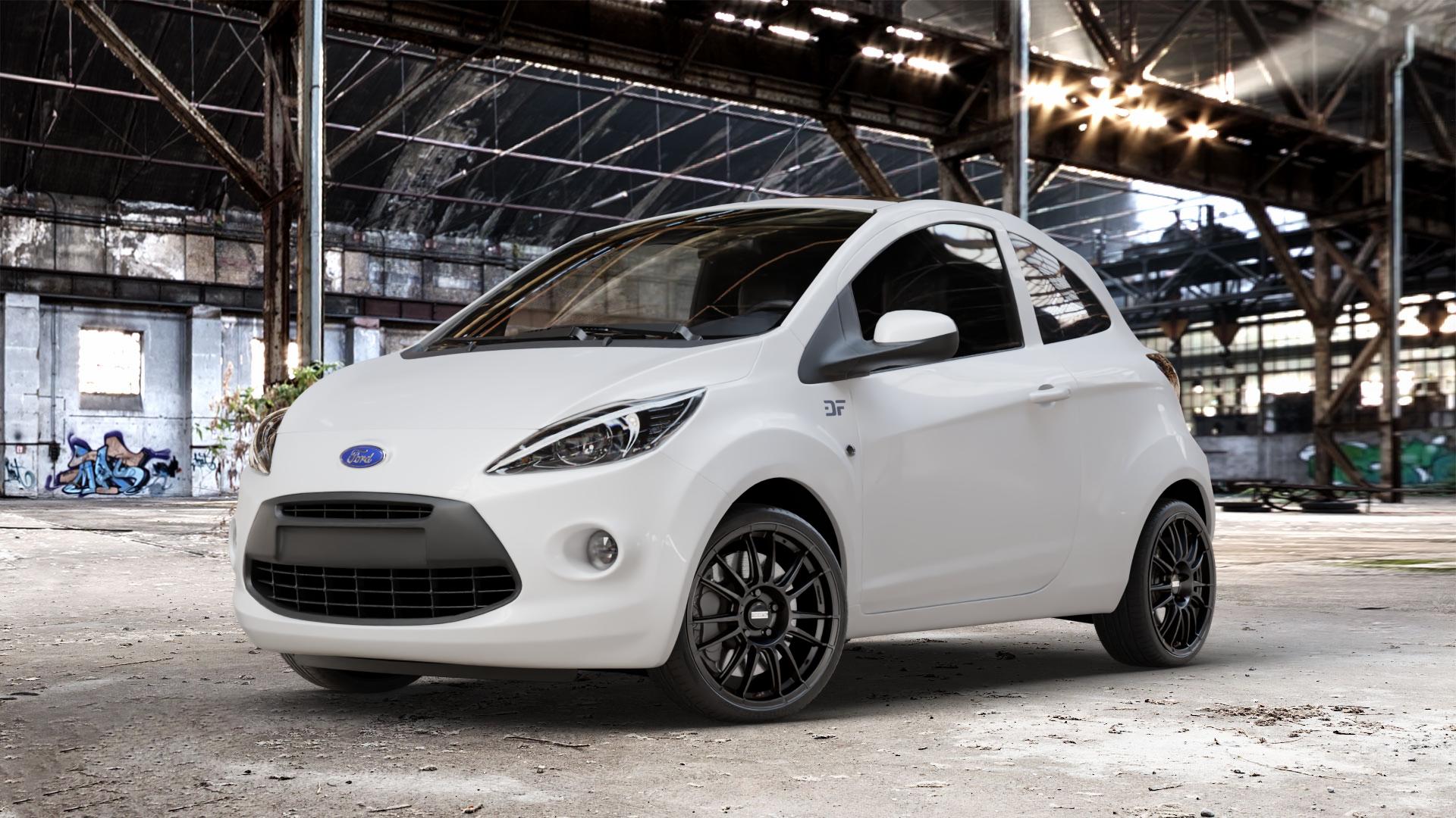 Fondmetal 9RR MATT BLACK Felge mit Reifen schwarz in 17Zoll Winterfelge Alufelge auf weissem Ford KA Typ RU8 ⬇️ mit 15mm Tieferlegung ⬇️ Old Industrial Hall_max_4400mm_2024 Frontansicht_1