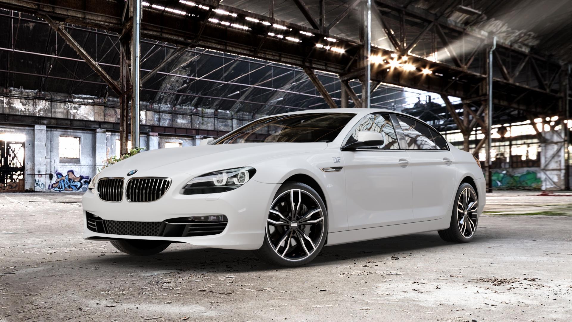 Fondmetal ALKE GLOSSY BLACK MACHINED Felge mit Reifen silber schwarz in 20Zoll Winterfelge Alufelge auf weissem BMW 6er F06 Gran Coupe (6C) ⬇️ mit 15mm Tieferlegung ⬇️ Old Industrial Hall_max_5300mm_2024 Frontansicht_1