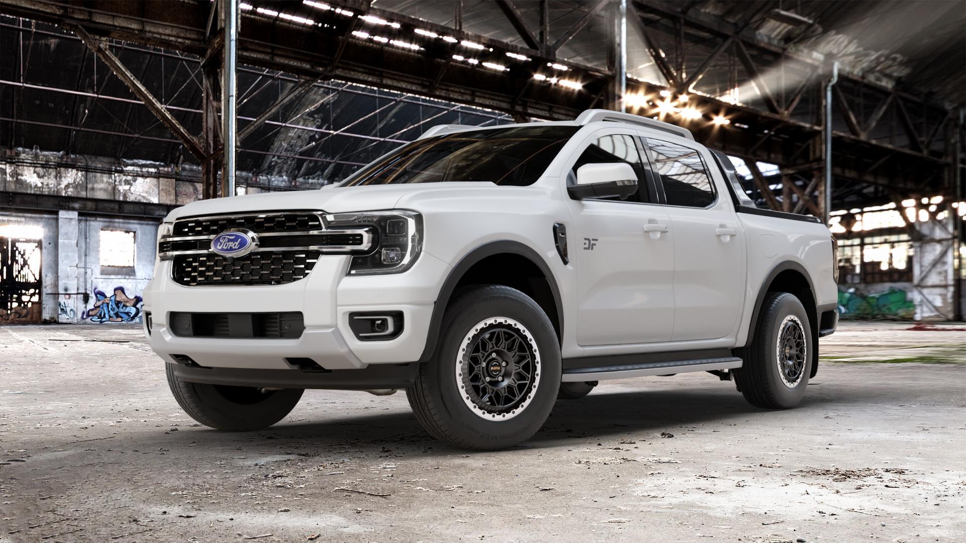 Fondmetal BLUSTER MATT BLACK MACHINED LIP Felge mit Reifen silber schwarz in 17Zoll Winterfelge Alufelge auf weissem Ford Ranger VII Typ 2AB ⬇️ mit 15mm Tieferlegung ⬇️ Old Industrial Hall_max_5300mm_2024 Frontansicht_1