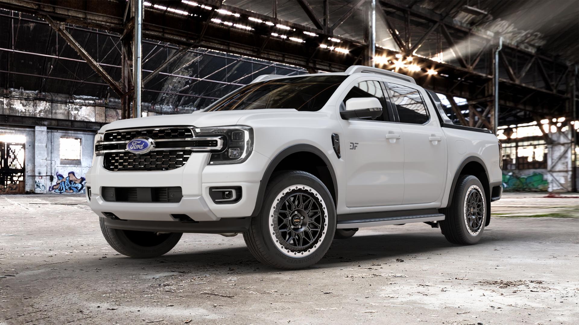Fondmetal BLUSTER MATT BLACK MACHINED LIP Felge mit Reifen silber schwarz in 20Zoll Winterfelge Alufelge auf weissem Ford Ranger VII Typ 2AB ⬇️ mit 15mm Tieferlegung ⬇️ Old Industrial Hall_max_5300mm_2024 Frontansicht_1