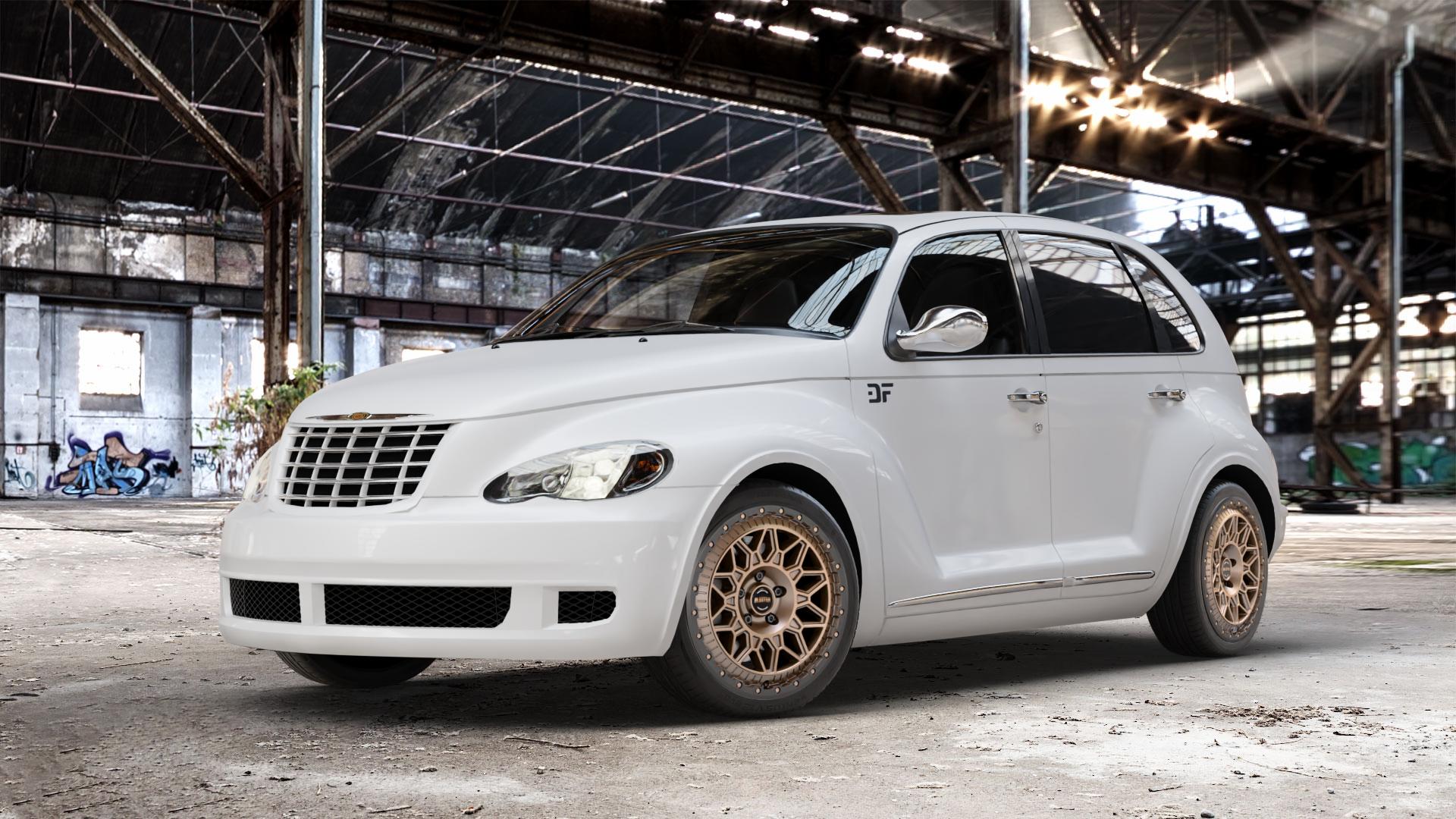 Fondmetal BLUSTER MATT BRAUN BLACK LIP Felge mit Reifen schwarz bronze in 18Zoll Winterfelge Alufelge auf weissem Chrysler PT Cruiser Cabriolet ⬇️ mit 15mm Tieferlegung ⬇️ Old Industrial Hall_max_4400mm_2024 Frontansicht_1