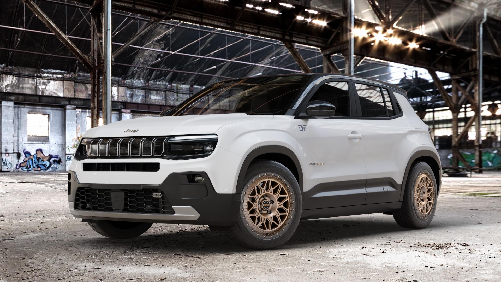 Fondmetal BLUSTER MATT BRAUN BLACK LIP Felge mit Reifen schwarz bronze in 18Zoll Winterfelge Alufelge auf weissem Jeep Avenger Typ FH1 ⬇️ mit 15mm Tieferlegung ⬇️ Old Industrial Hall_max_4400mm_2024 Frontansicht_1