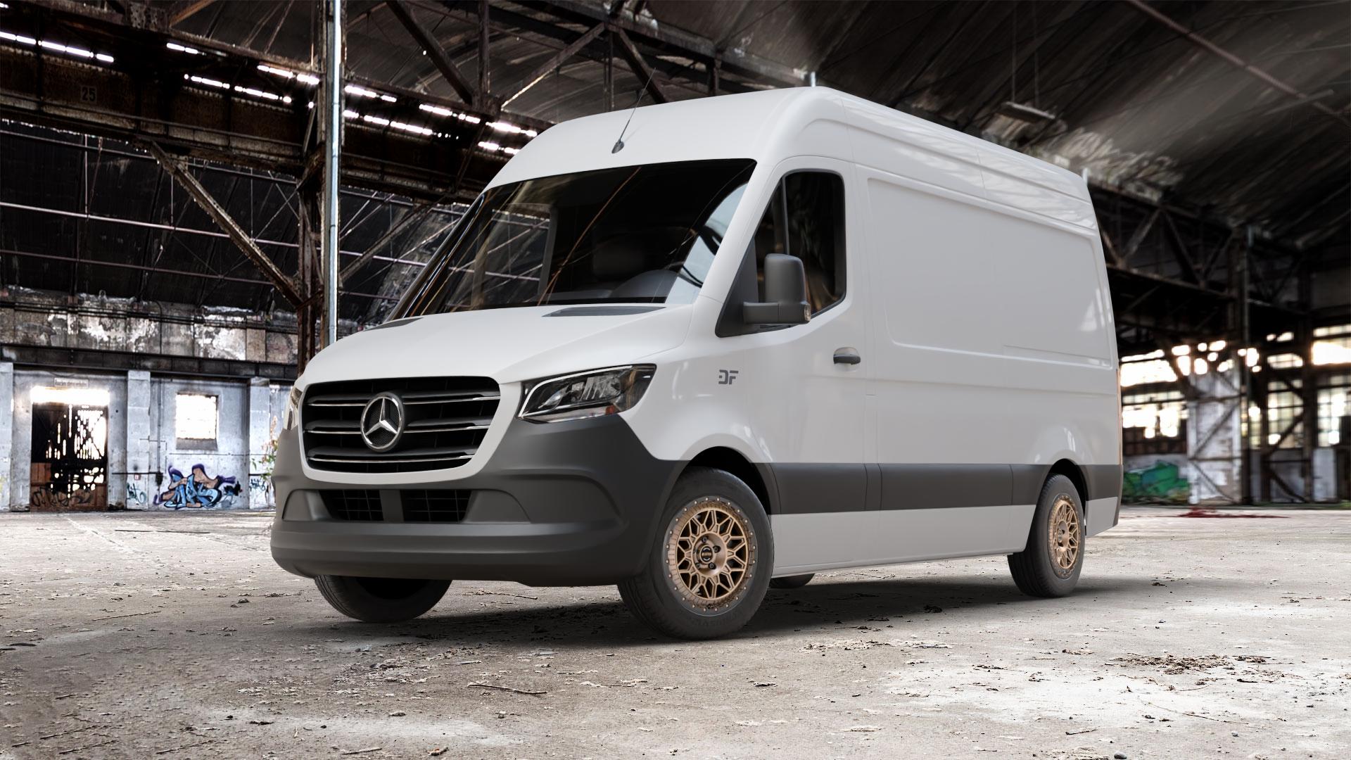 Fondmetal BLUSTER MATT BRAUN BLACK LIP Felge mit Reifen schwarz bronze in 18Zoll Winterfelge Alufelge auf weissem Mercedes Sprinter III Typ KL3A4 KL3A5 906BB FL KL 906BA 906AC ⬇️ mit 15mm Tieferlegung ⬇️ Old Industrial Hall_max_7000mm_2024 Frontansicht_1
