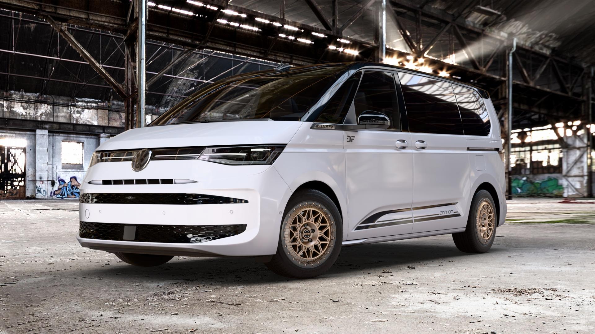 Fondmetal BLUSTER MATT BRAUN BLACK LIP Felge mit Reifen schwarz bronze in 18Zoll Winterfelge Alufelge auf weissem und schwarzem Volkswagen (VW) T7 Multivan Bus ⬇️ mit 15mm Tieferlegung ⬇️ Old Industrial Hall_max_5300mm_2024 Frontansicht_1