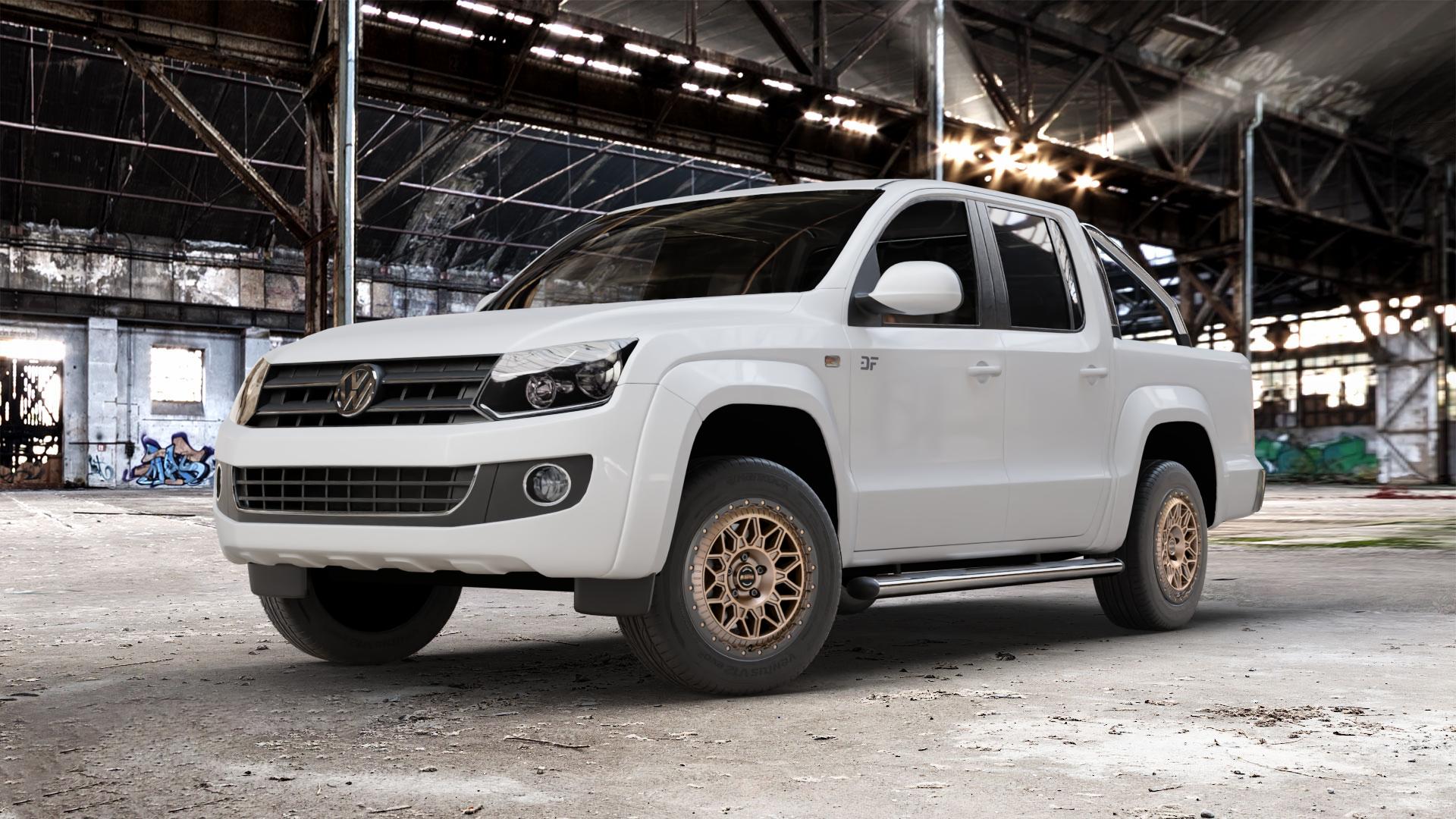 Fondmetal BLUSTER MATT BRAUN BLACK LIP Felge mit Reifen schwarz bronze in 18Zoll Winterfelge Alufelge auf weissem Volkswagen (VW) Amarok I Typ 2H 2HS2 ⬇️ mit 15mm Tieferlegung ⬇️ Old Industrial Hall_max_5300mm_2024 Frontansicht_1