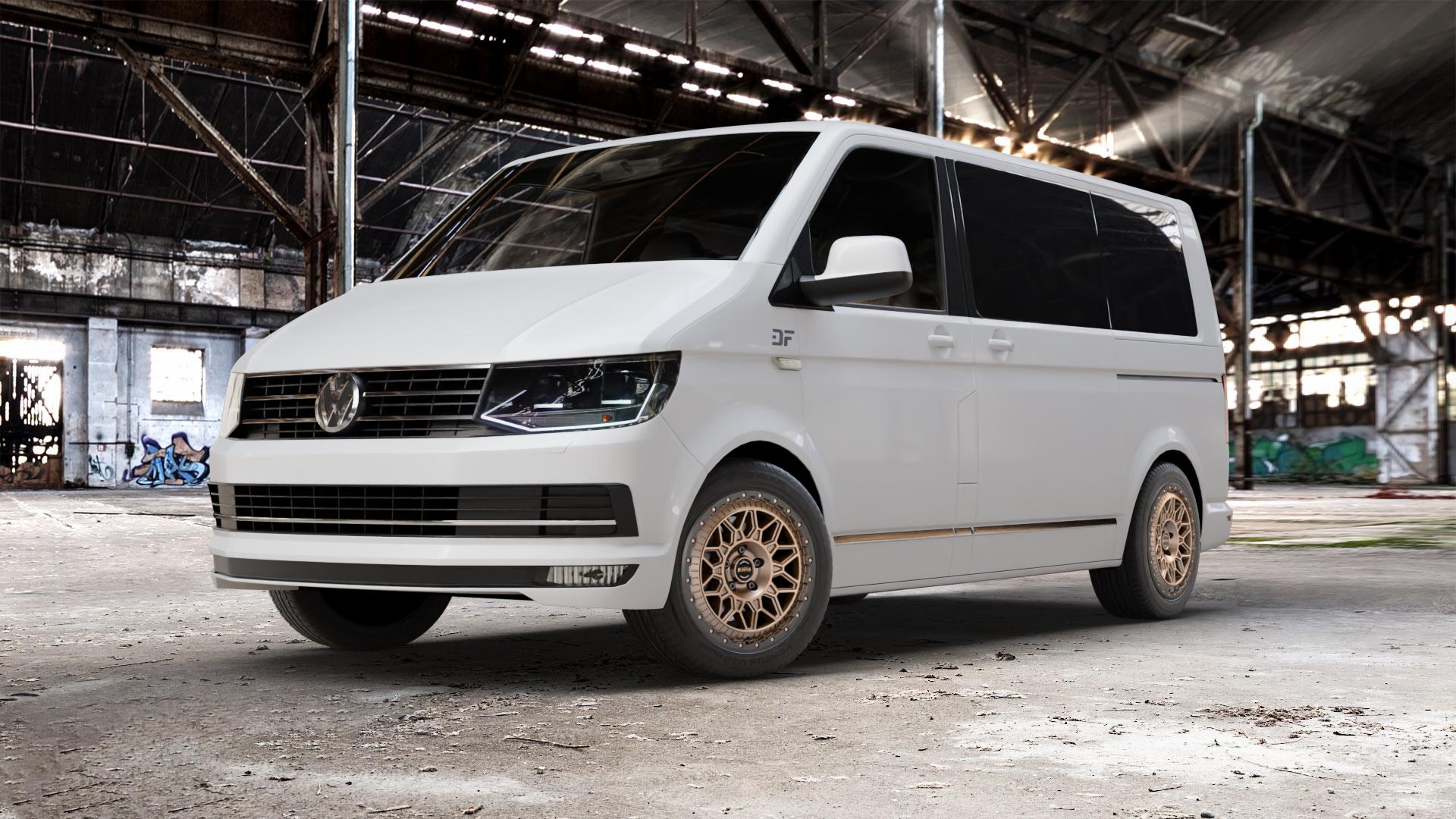 Fondmetal BLUSTER MATT BRAUN BLACK LIP Felge mit Reifen schwarz bronze in 18Zoll Winterfelge Alufelge auf weissem Volkswagen (VW) T6 Kombi Multivan Caravelle ⬇️ mit 15mm Tieferlegung ⬇️ Old Industrial Hall_max_5300mm_2024 Frontansicht_1