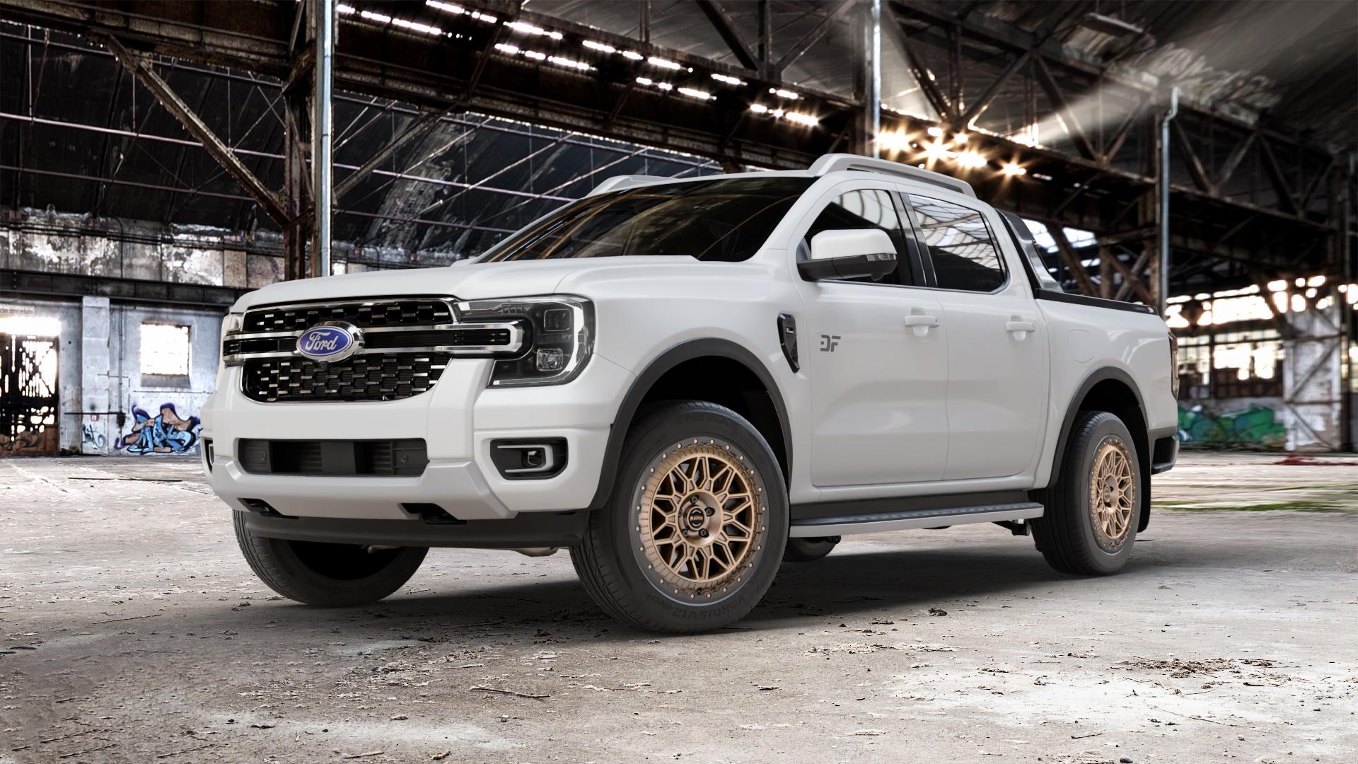 Fondmetal BLUSTER MATT BRAUN BLACK LIP Felge mit Reifen schwarz bronze in 20Zoll Winterfelge Alufelge auf weissem Ford Ranger VII Typ 2AB ⬇️ mit 15mm Tieferlegung ⬇️ Old Industrial Hall_max_5300mm_2024 Frontansicht_1