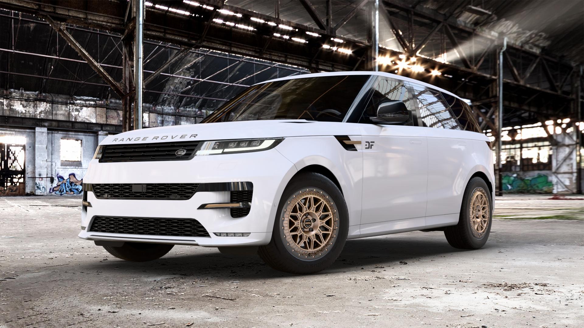 Fondmetal BLUSTER MATT BRAUN BLACK LIP Felge mit Reifen schwarz bronze in 20Zoll Winterfelge Alufelge auf weissem Land Rover Range Sport Typ LS LW Facelift L1 ⬇️ mit 15mm Tieferlegung ⬇️ Old Industrial Hall_max_5300mm_2024 Frontansicht_1