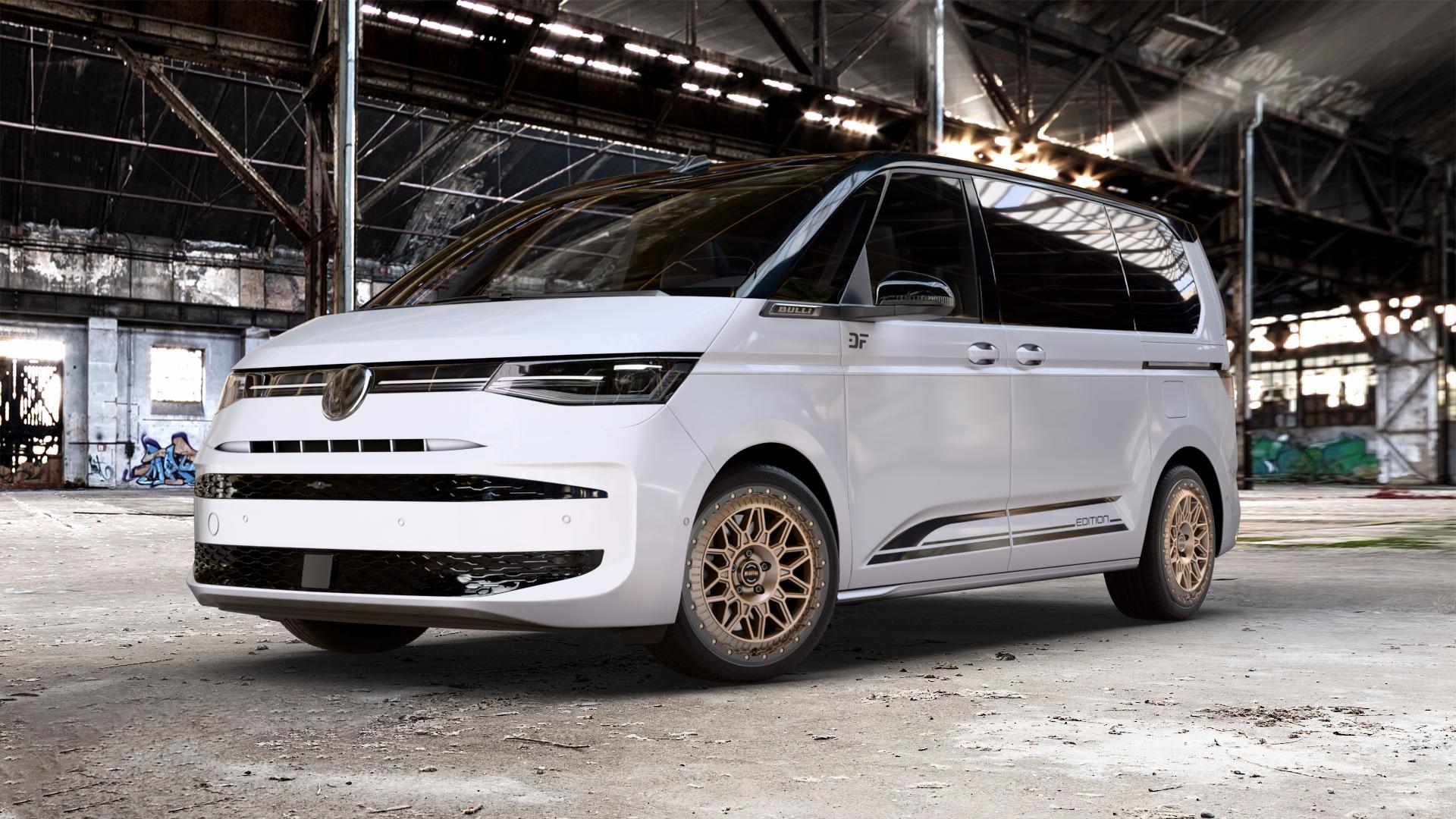 Fondmetal BLUSTER MATT BRAUN BLACK LIP Felge mit Reifen schwarz bronze in 20Zoll Winterfelge Alufelge auf weissem und schwarzem Volkswagen (VW) T7 Multivan Bus ⬇️ mit 15mm Tieferlegung ⬇️ Old Industrial Hall_max_5300mm_2024 Frontansicht_1