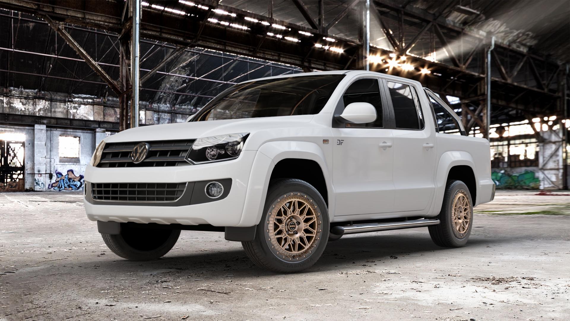 Fondmetal BLUSTER MATT BRAUN BLACK LIP Felge mit Reifen schwarz bronze in 20Zoll Winterfelge Alufelge auf weissem Volkswagen (VW) Amarok I Typ 2H 2HS2 ⬇️ mit 15mm Tieferlegung ⬇️ Old Industrial Hall_max_5300mm_2024 Frontansicht_1