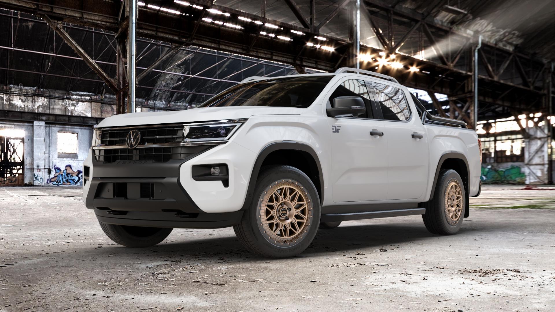 Fondmetal BLUSTER MATT BRAUN BLACK LIP Felge mit Reifen schwarz bronze in 20Zoll Winterfelge Alufelge auf weissem Volkswagen (VW) Amarok II Typ T1 ⬇️ mit 15mm Tieferlegung ⬇️ Old Industrial Hall_max_5300mm_2024 Frontansicht_1