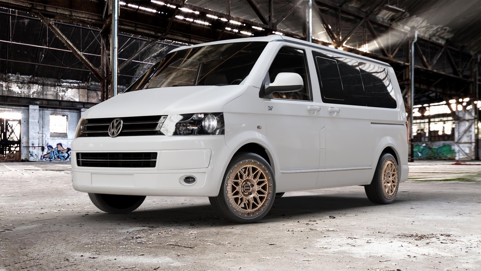 Fondmetal BLUSTER MATT BRAUN BLACK LIP Felge mit Reifen schwarz bronze in 20Zoll Winterfelge Alufelge auf weissem Volkswagen (VW) T5 California ⬇️ mit 15mm Tieferlegung ⬇️ Old Industrial Hall_max_5300mm_2024 Frontansicht_1
