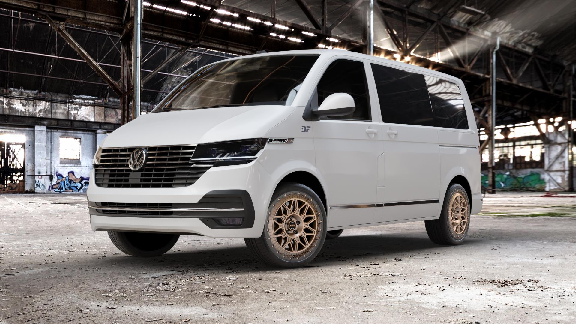 Fondmetal BLUSTER MATT BRAUN BLACK LIP Felge mit Reifen schwarz bronze in 20Zoll Winterfelge Alufelge auf weissem Volkswagen (VW) T6.1 Kombi Multivan ⬇️ mit 15mm Tieferlegung ⬇️ Old Industrial Hall_max_5300mm_2024 Frontansicht_1