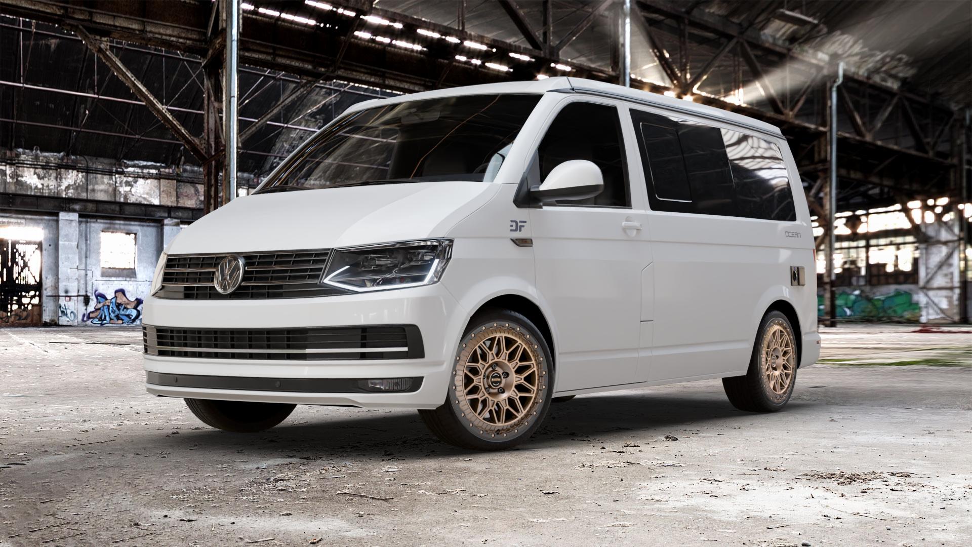 Fondmetal BLUSTER MATT BRAUN BLACK LIP Felge mit Reifen schwarz bronze in 20Zoll Winterfelge Alufelge auf weissem Volkswagen (VW) T6 California Beach ⬇️ mit 15mm Tieferlegung ⬇️ Old Industrial Hall_max_5300mm_2024 Frontansicht_1