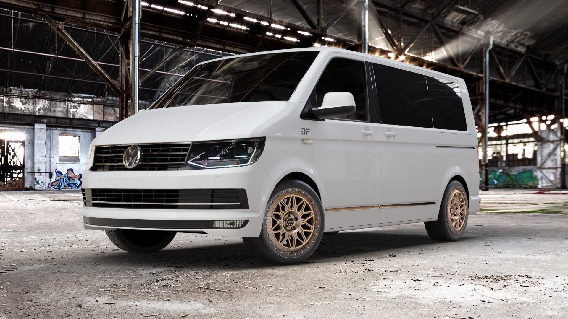Fondmetal BLUSTER MATT BRAUN BLACK LIP Felge mit Reifen schwarz bronze in 20Zoll Winterfelge Alufelge auf weissem Volkswagen (VW) T6 Kombi Multivan Caravelle ⬇️ mit 15mm Tieferlegung ⬇️ Old Industrial Hall_max_5300mm_2024 Frontansicht_1