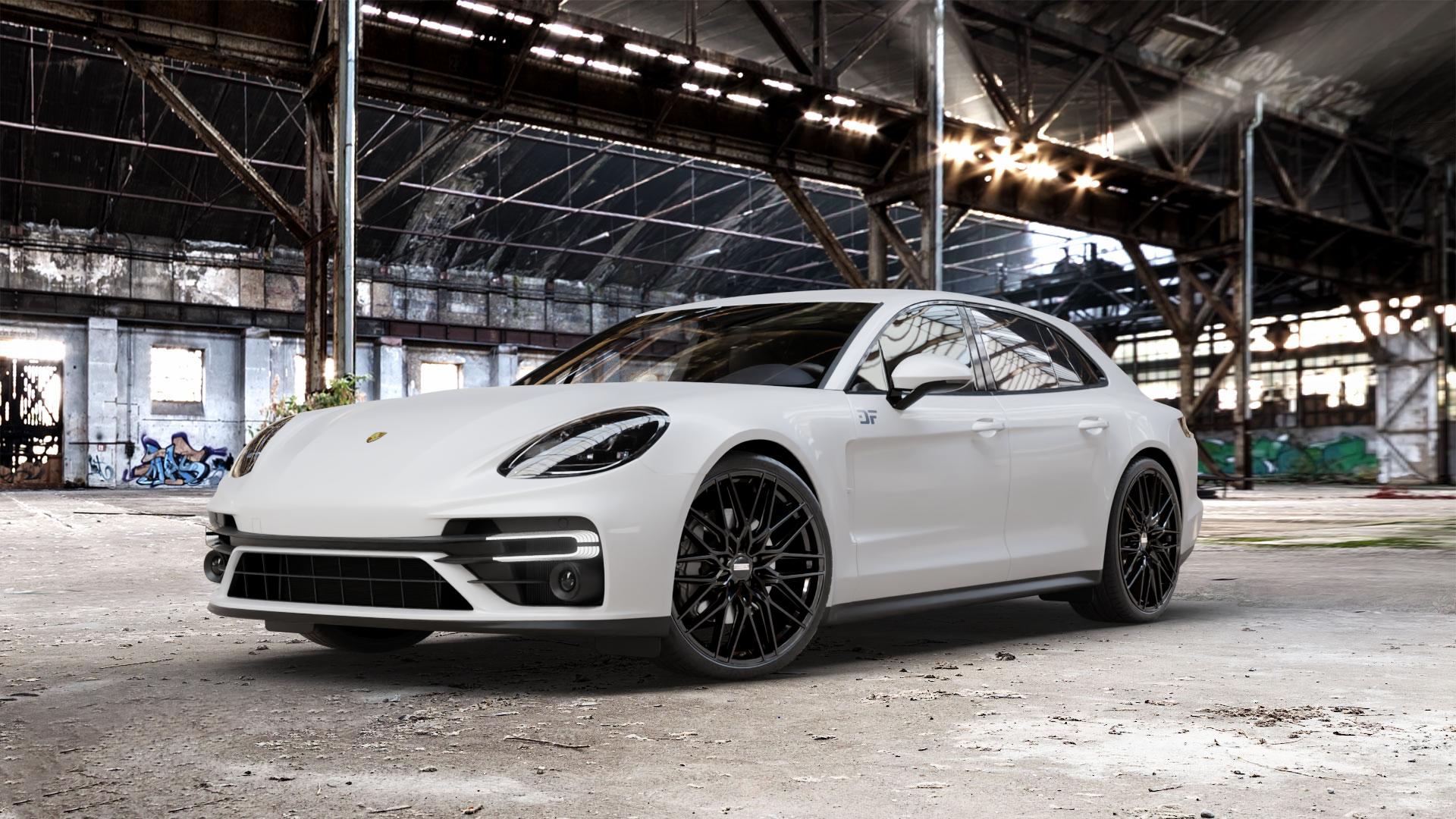 Fondmetal CRATOS GLOSSY BLACK Felge mit Reifen schwarz in 22Zoll Winterfelge Alufelge auf weissem Porsche Panamera Sport Turismo Typ 971 Facelift ⬇️ mit 15mm Tieferlegung ⬇️ Old Industrial Hall_max_5300mm_2024 Frontansicht_1