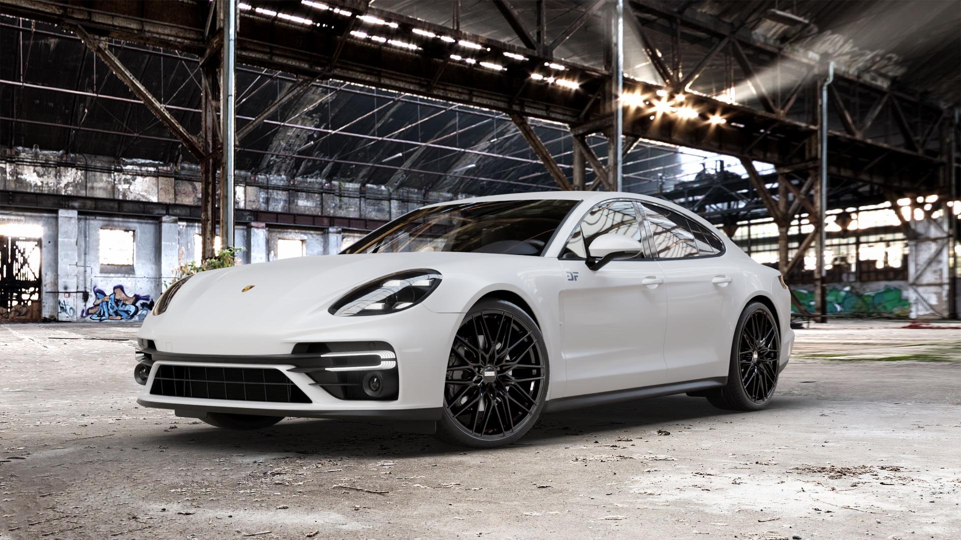 Fondmetal CRATOS GLOSSY BLACK Felge mit Reifen schwarz in 22Zoll Winterfelge Alufelge auf weissem Porsche Panamera Typ 971 Facelift ⬇️ mit 15mm Tieferlegung ⬇️ Old Industrial Hall_max_5300mm_2024 Frontansicht_1