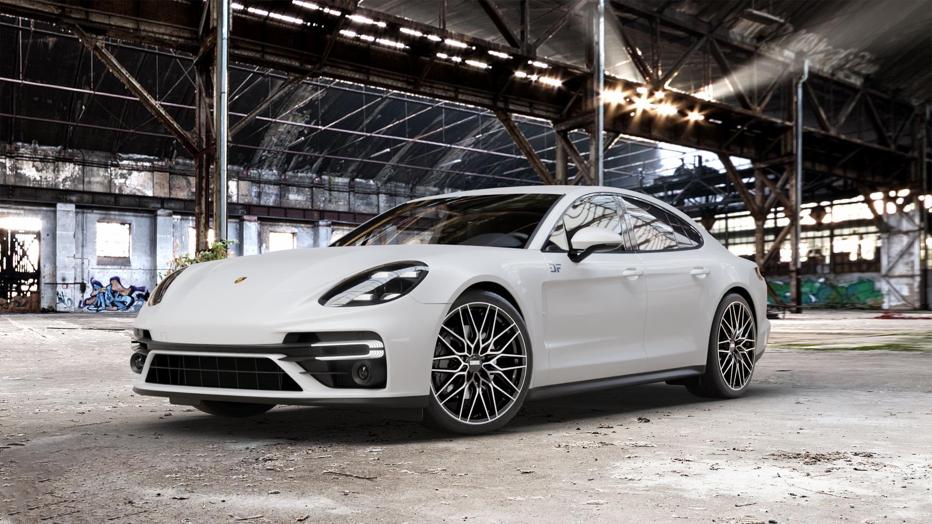 Fondmetal CRATOS GLOSSY BLACK MACHINED Felge mit Reifen silber schwarz in 21Zoll Winterfelge Alufelge auf weissem Porsche Panamera Typ 971 Facelift ⬇️ mit 15mm Tieferlegung ⬇️ Old Industrial Hall_max_5300mm_2024 Frontansicht_1