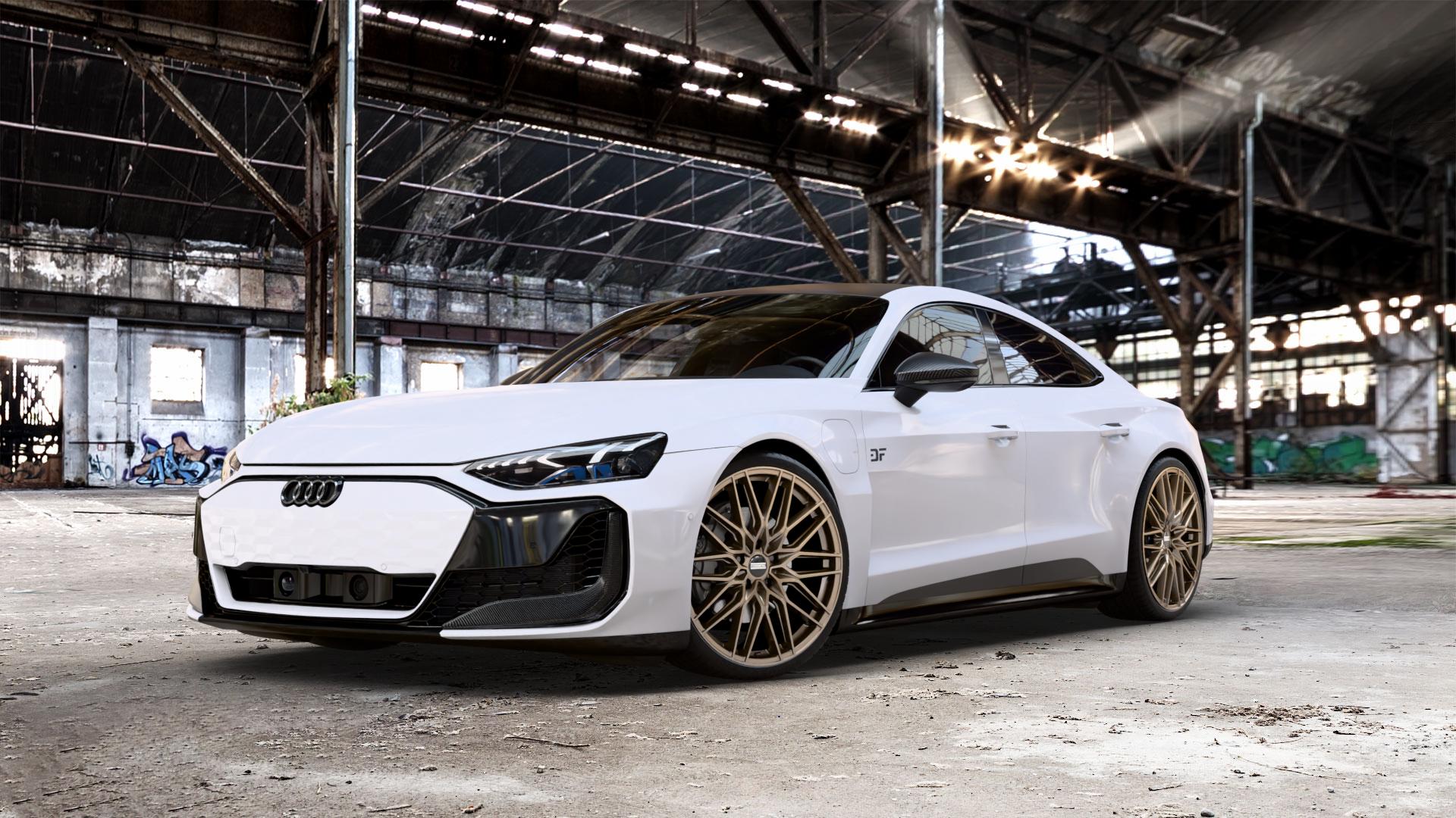 Fondmetal CRATOS MATT BRAUN Felge mit Reifen bronze anthrazit_metallic in 22Zoll Winterfelge Alufelge auf weissem Audi RS E-Tron GT Performance Typ FW e-tron ⬇️ mit 15mm Tieferlegung ⬇️ Old Industrial Hall_max_5300mm_2024 Frontansicht_1