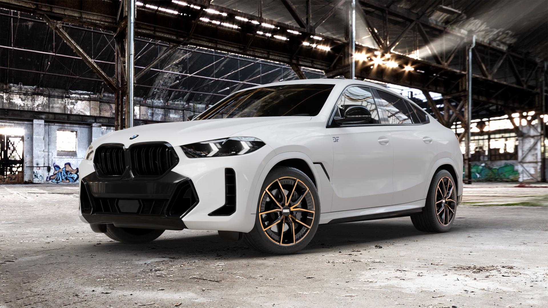 Fondmetal ELATHA GLOSSY BLACK BRONZE MACHINED Felge mit Reifen schwarz in 20Zoll Alufelge auf weissem BMW X6 Typ G06 (G6X) Facelift ⬇️ mit 15mm Tieferlegung ⬇️ Old Industrial Hall_max_5300mm_2024 Frontansicht_1
