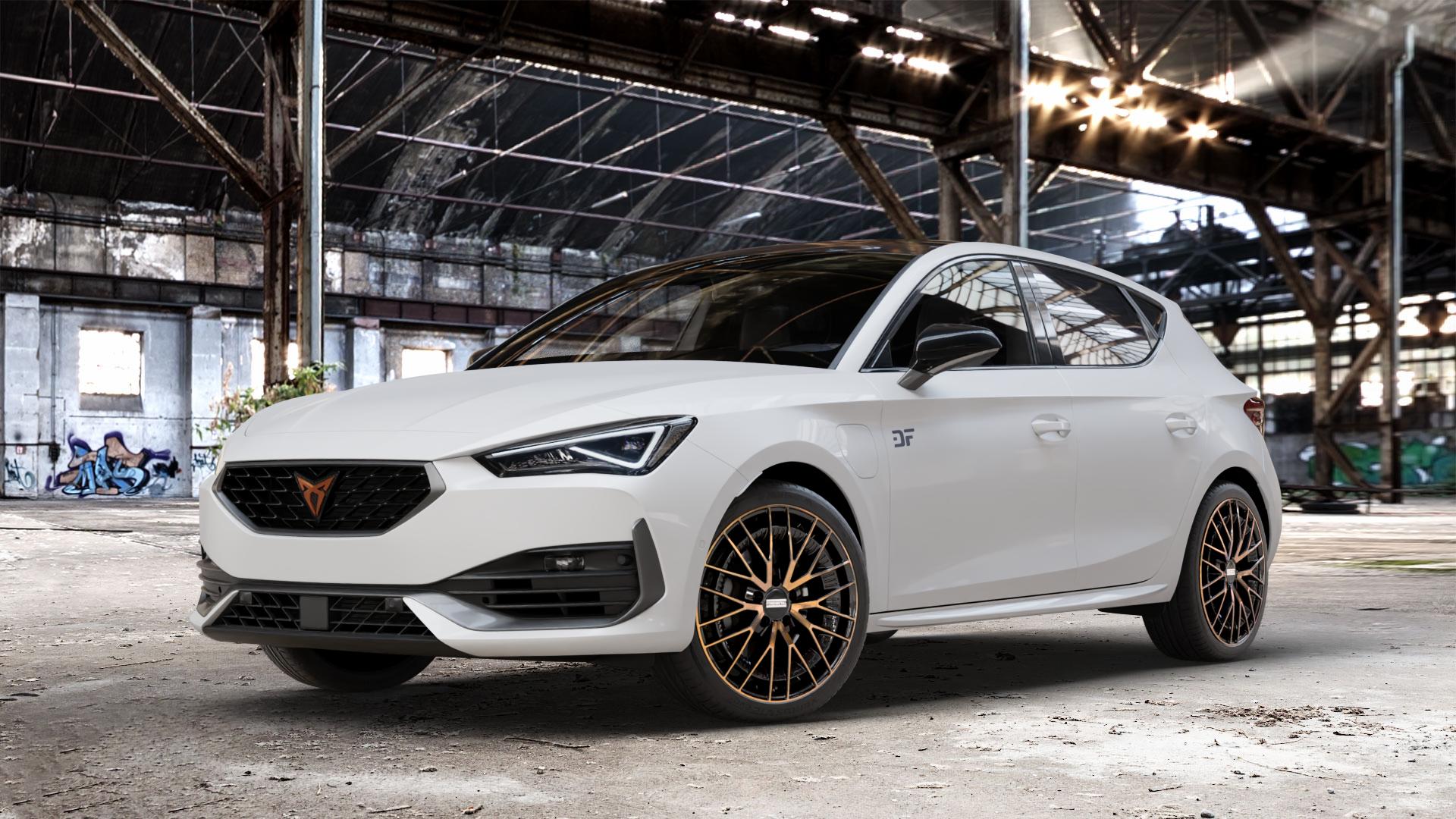 Fondmetal KARI GLOSSY BLACK BRONZE MACHINED Felge mit Reifen schwarz in 18Zoll Alufelge auf weissem Cupra Leon Typ KL ⬇️ mit 15mm Tieferlegung ⬇️ Old Industrial Hall_max_4400mm_2024 Frontansicht_1